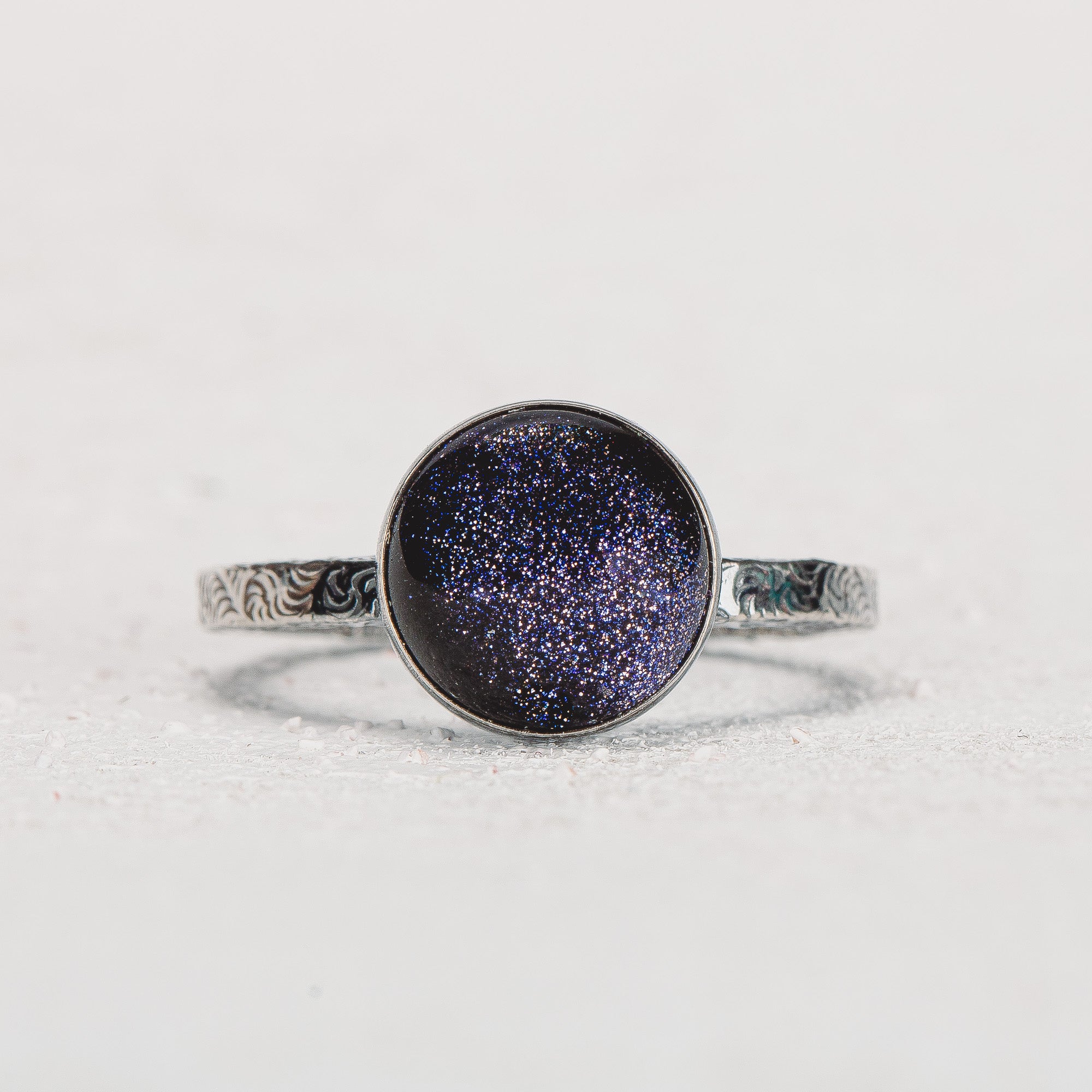 Night Sky Constellation Solitaire Ring with Paisley Pattern Band in Sterling Silver with Blue Goldstone | Star Galaxy Space Jewelry | Comfort Fit USA Sizes 4-12