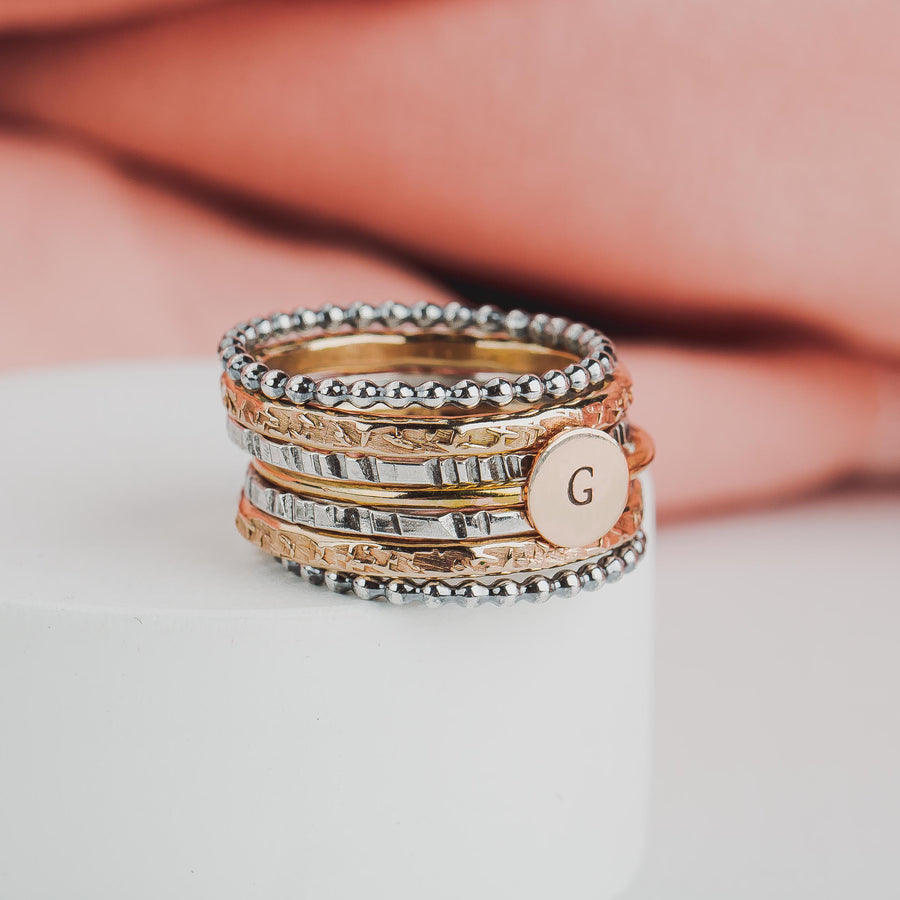 Personalized Initial Mixed Metal Stacking Rings - Melanie Golden Jewelry - engraved, Engraved Jewelry, initial choice 1, love, mixed metal, Motherhood, personalized, personalized jewelry, personalized rings, ring-size-choice, rings, stacking rings, VALENTINES