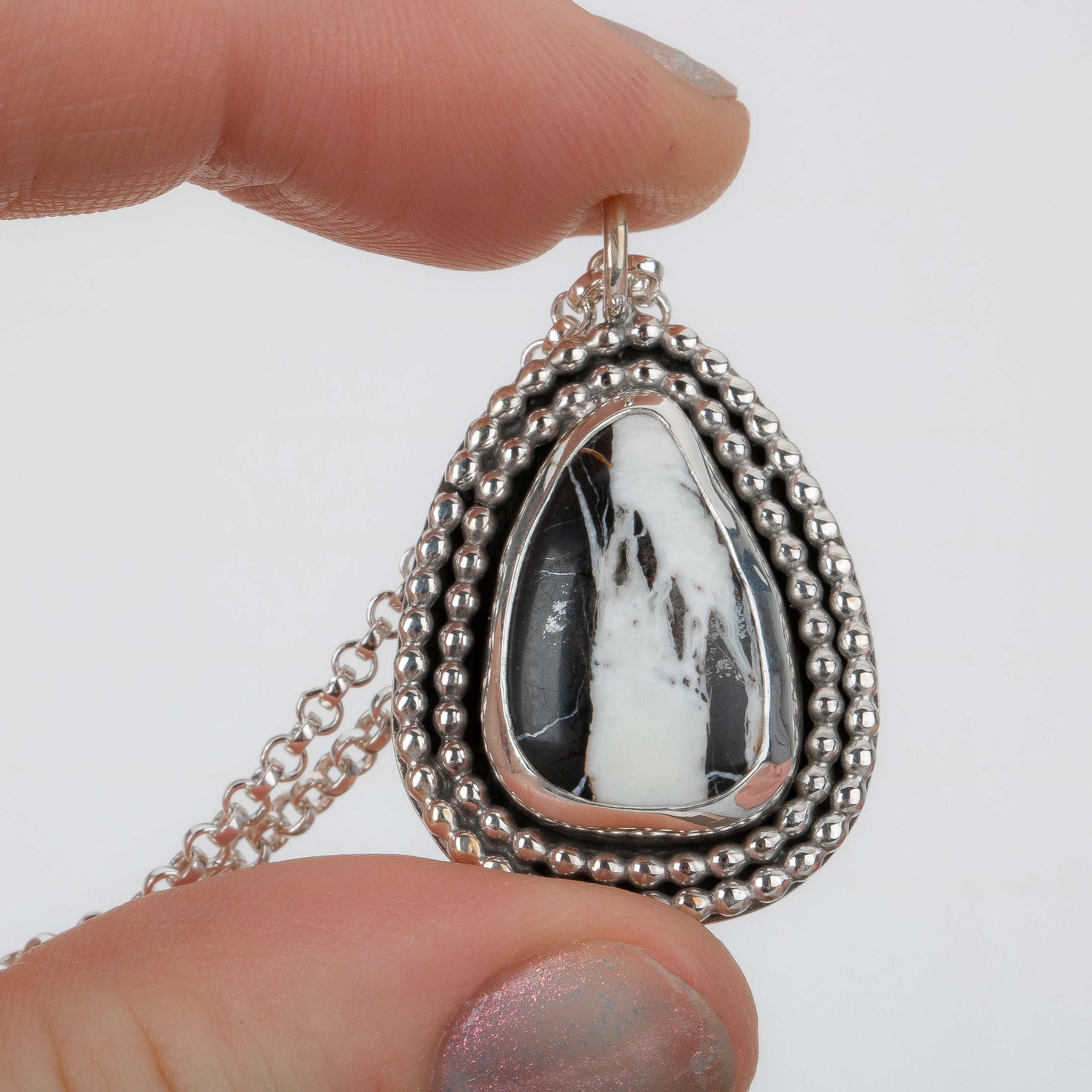 White Buffalo Turquoise Necklace In Sterling Silver | Huge Big Black And White Teardrop Boho Bohemian Pendant With Double Beaded Border