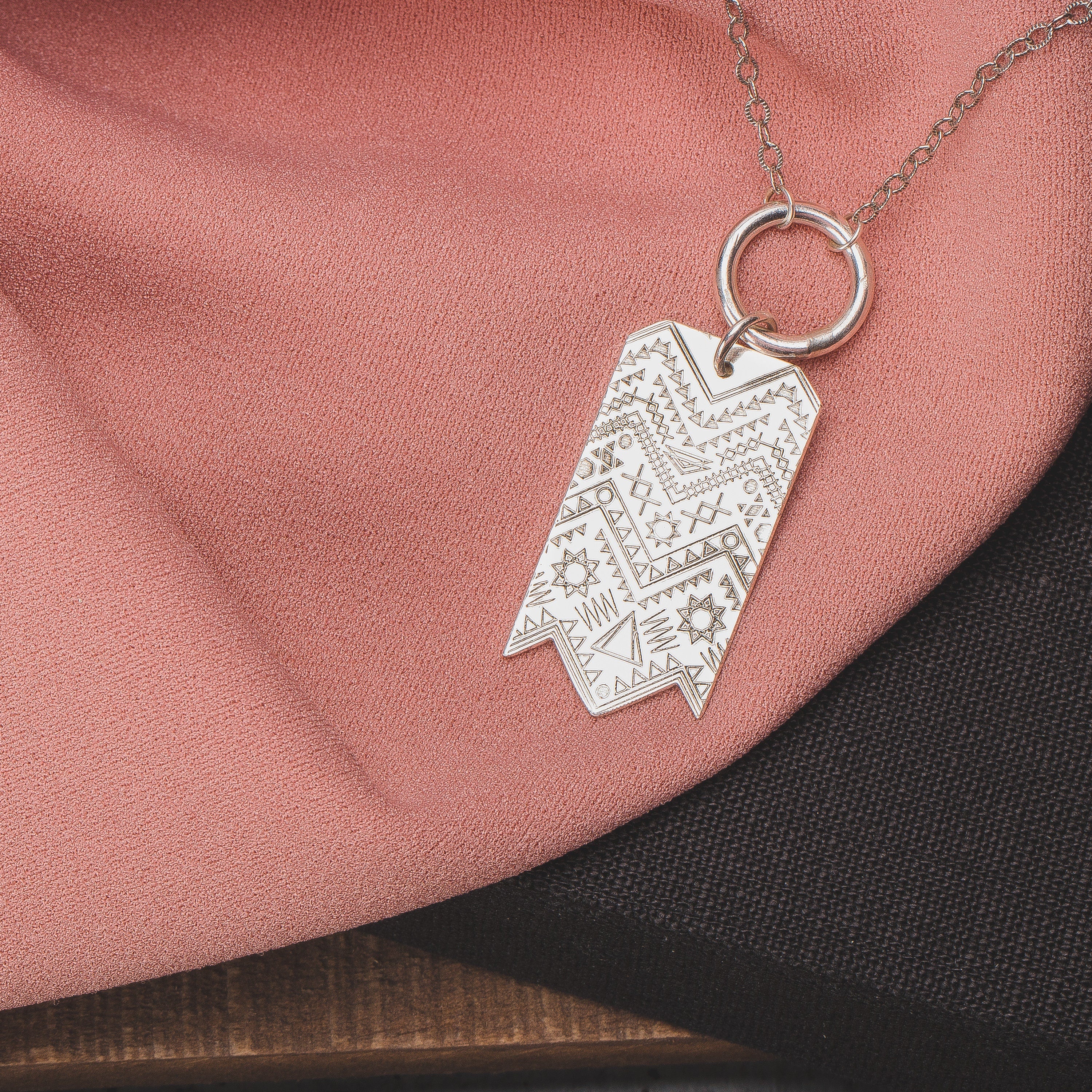 Signature MGJ Aztec Pattern Streamer Necklace In Sterling Silver | Long Southwestern Bohemian Boho Tribal Pendant | Sweater Necklace