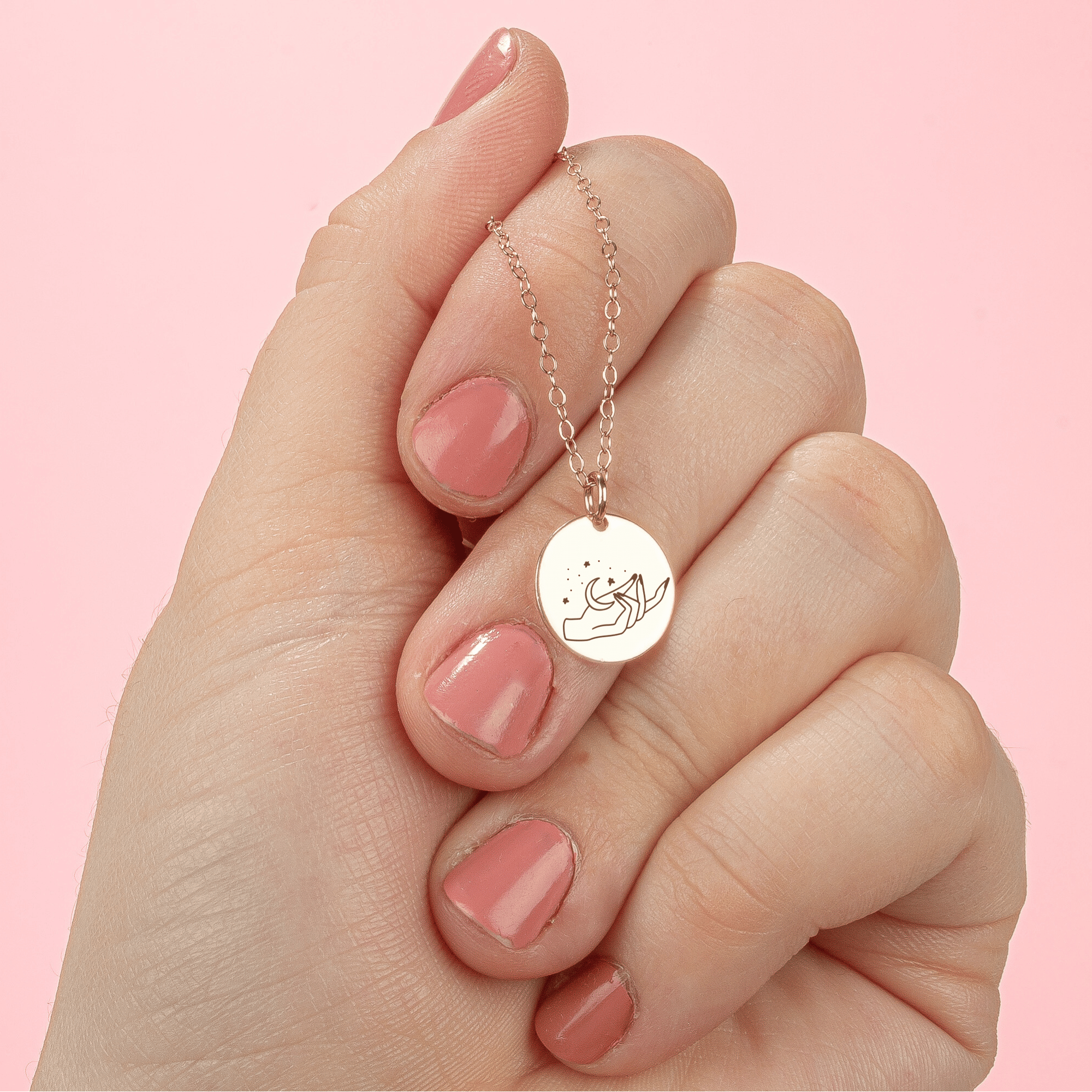 She Holds The Moon Disc Necklace - Melanie Golden Jewelry - disc necklaces, Engraved Jewelry, minimal minimal necklace, minimal necklace, mystic, necklace, necklaces