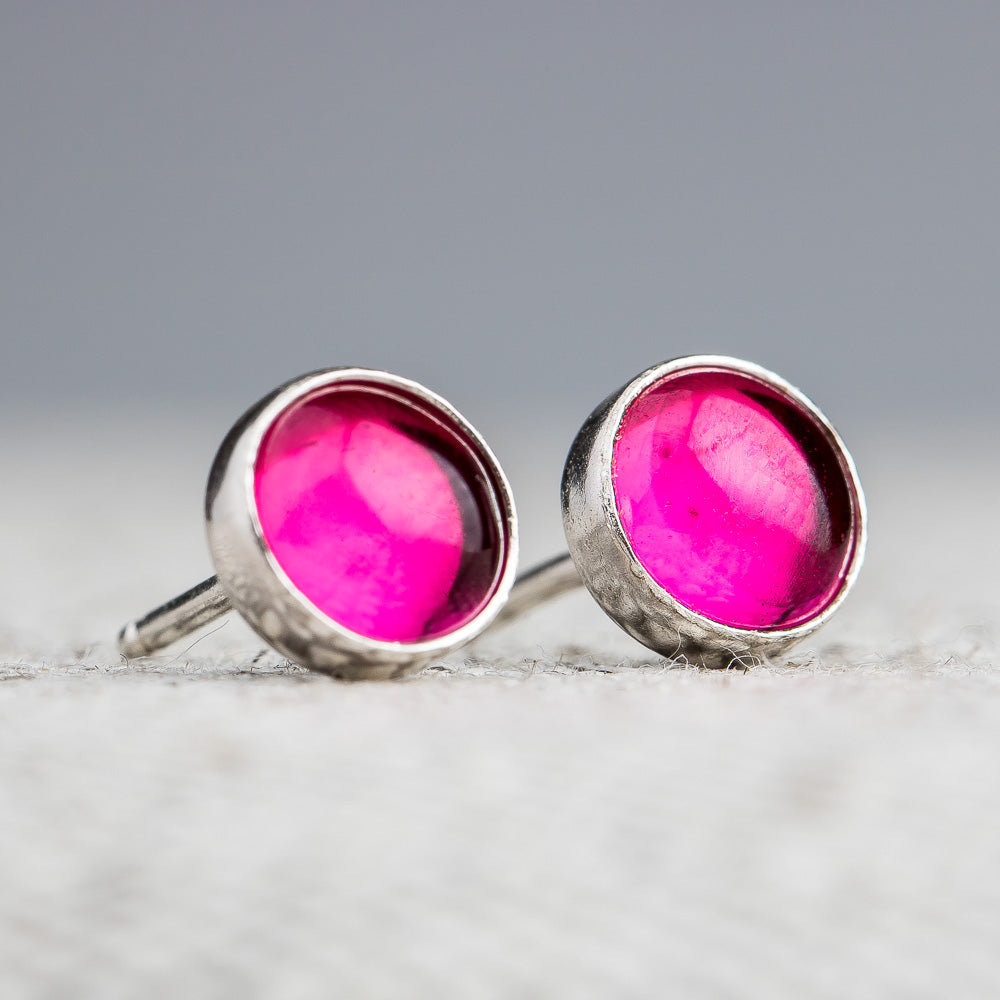 Ruby Gemstone Stud Earrings | Sterling Silver Hot Pink Round Circle Post Earrings