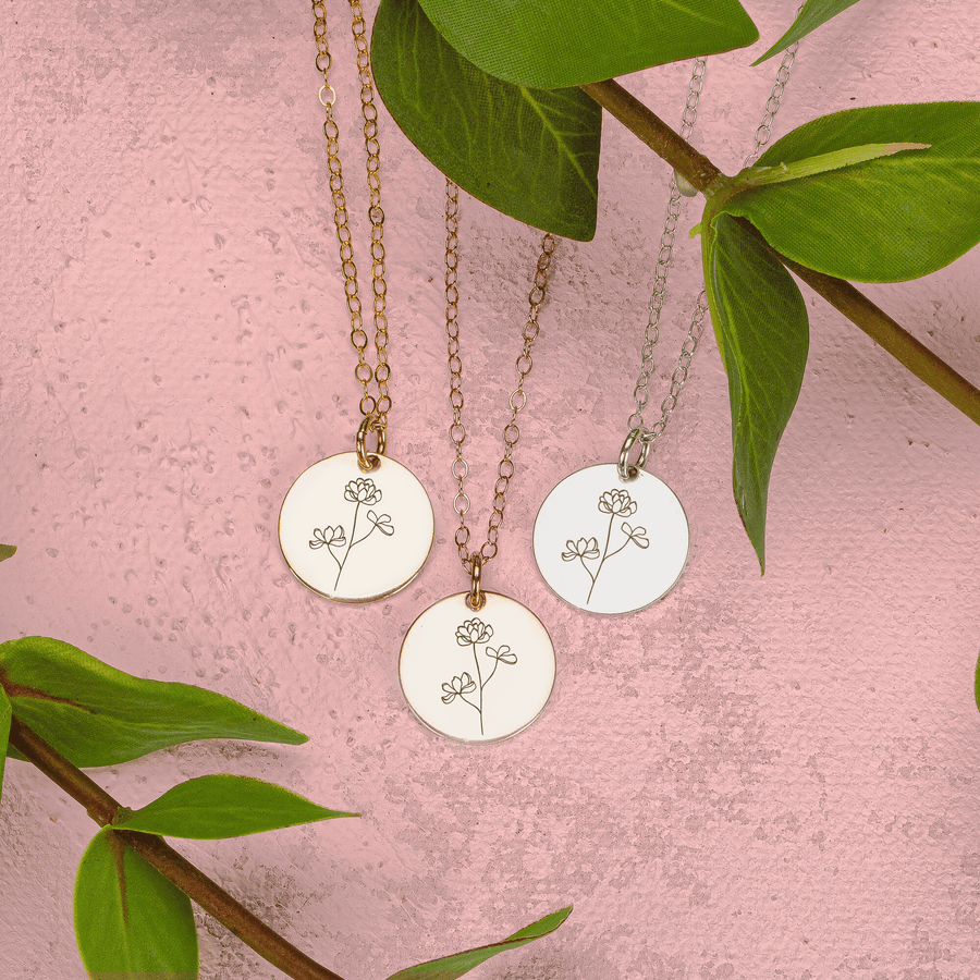 Peony Flowers Disc Necklace - Melanie Golden Jewelry - bridesmaid, disc necklaces, Engraved Jewelry, everyday, flora, minimal minimal necklace, minimal necklace, necklace, necklaces, symbolic, wedding, wedding party