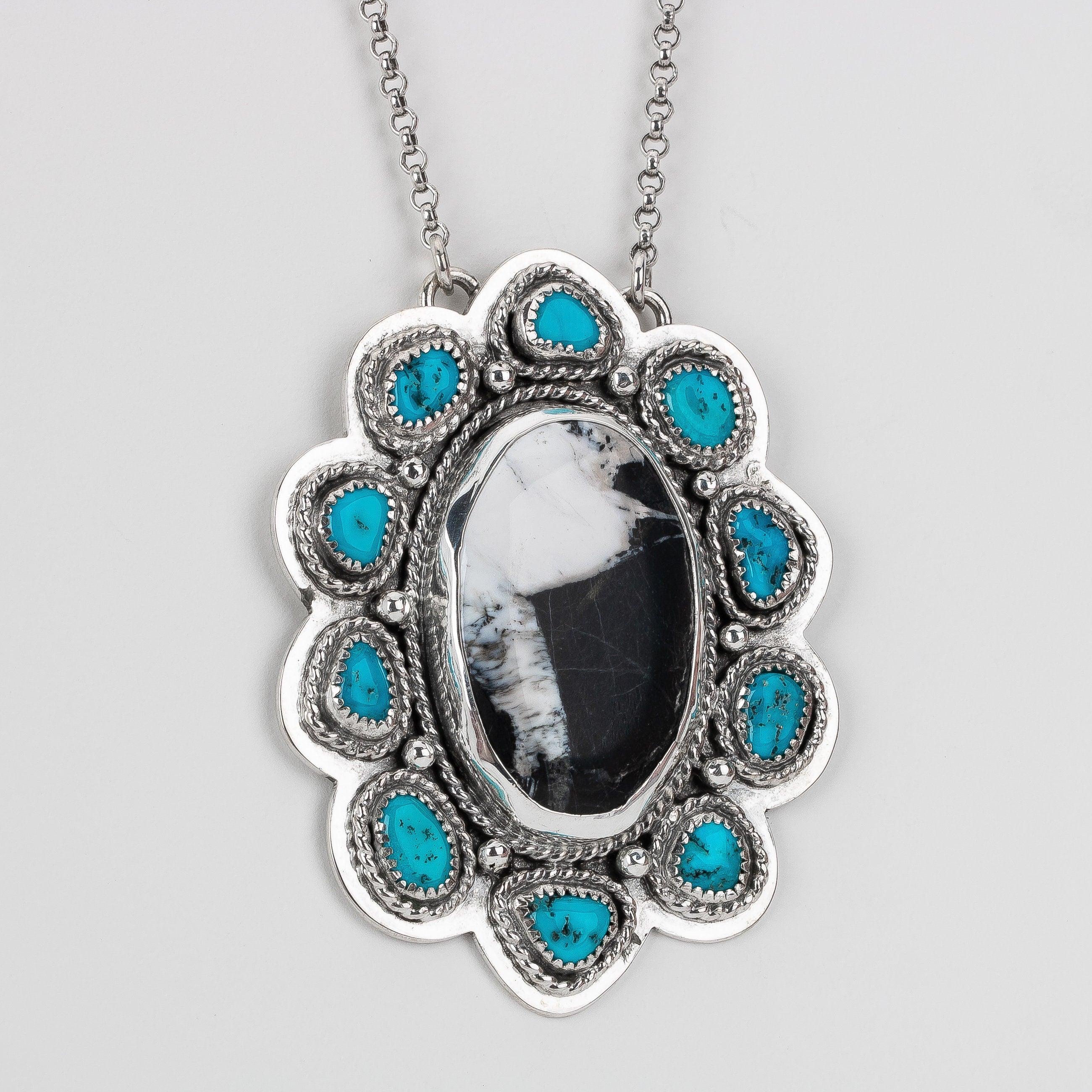 White Buffalo & Sleeping Beauty Turquoise Cluster Necklace In Sterling Silver | Huge Big Black White Aqua Blue Floral Boho Bohemian Pendant