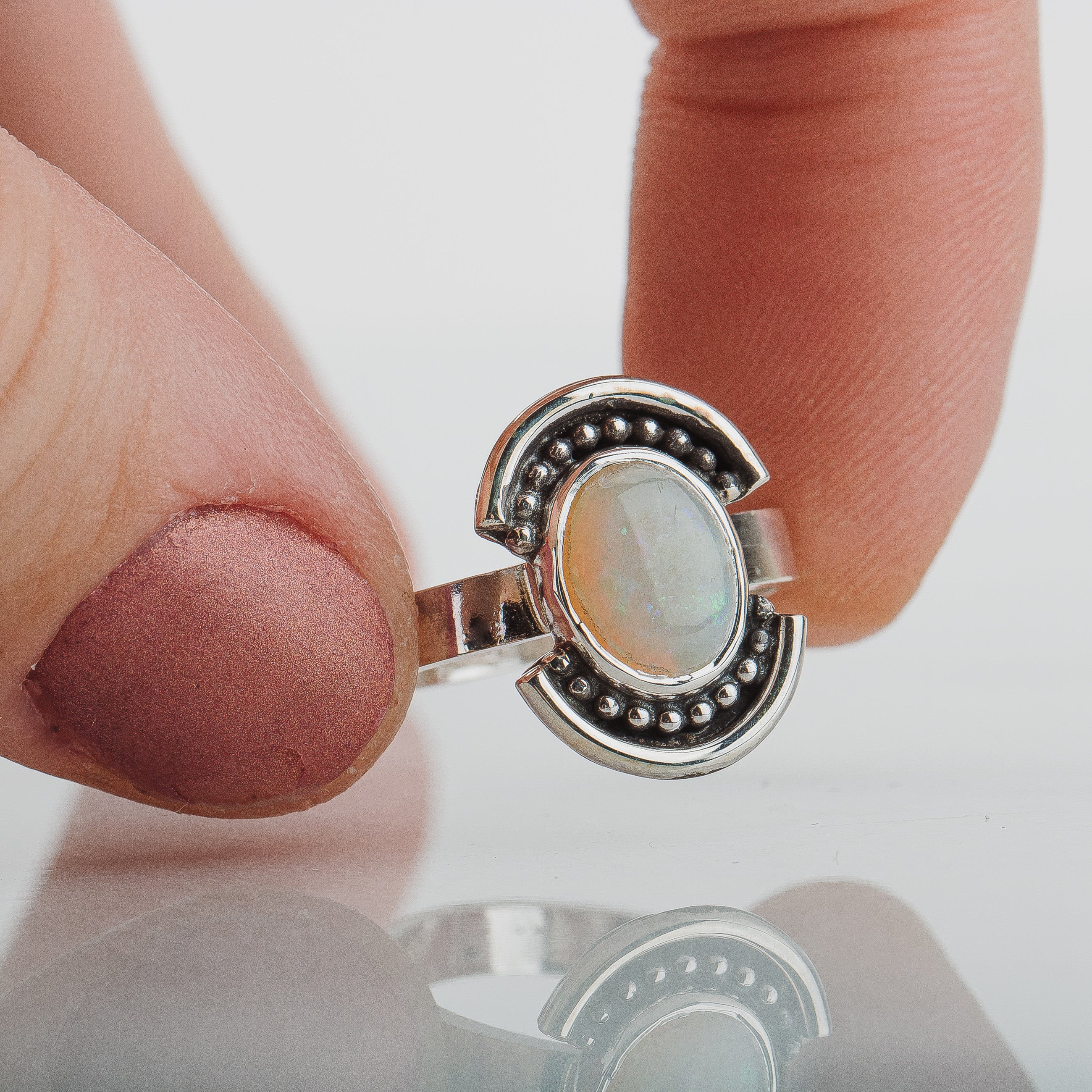 Size 5.25 Opal Shield Ring | Colorful Rainbow Australian Opal Gemstone Ring In Sterling Silver | Beaded Dotted Warrior Oval Statement Ring