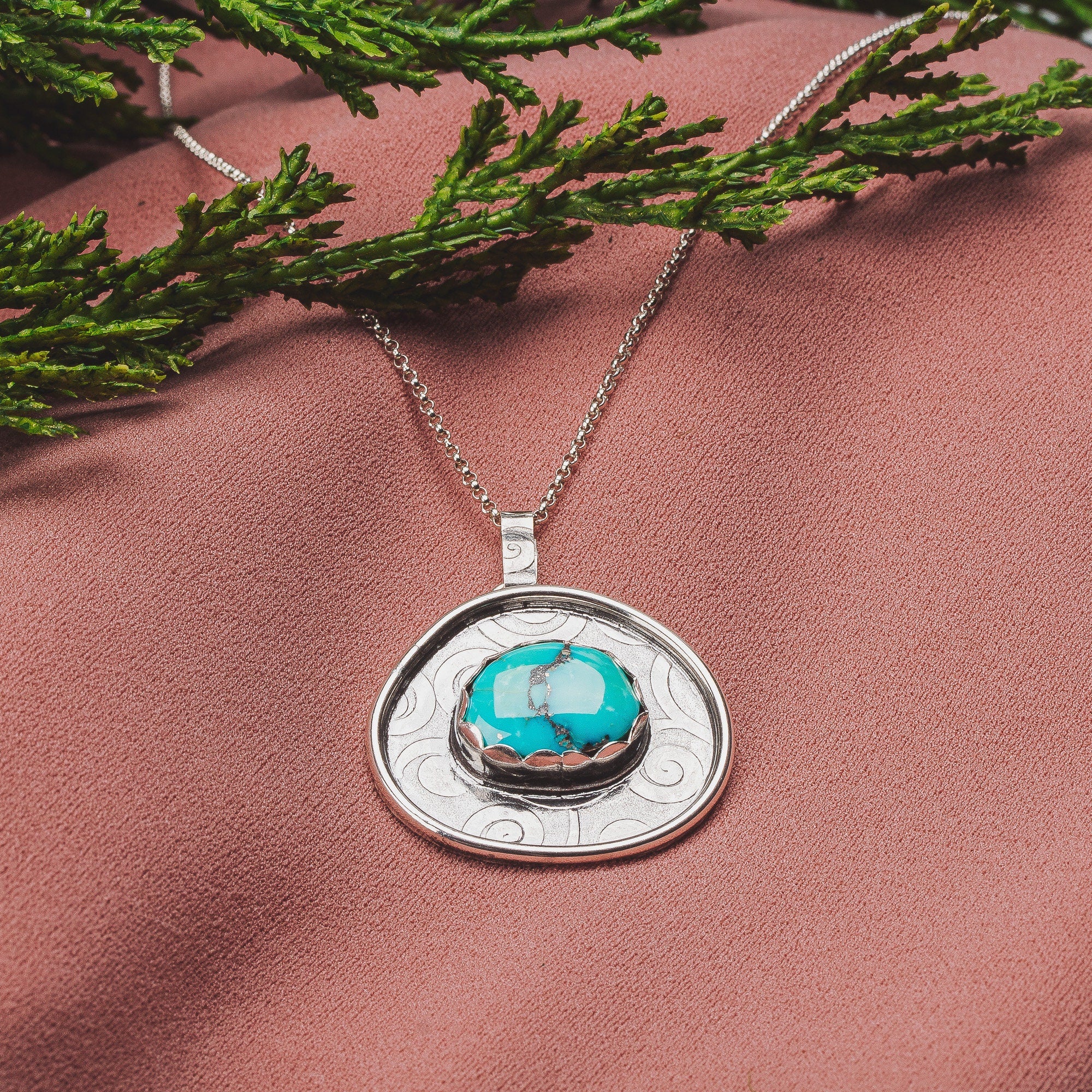 Morenci Turquoise Gemstone Necklace | Big Aqua Blue Bohemian Boho Style Pendant Necklace With Swirly Border In Sterling Silver