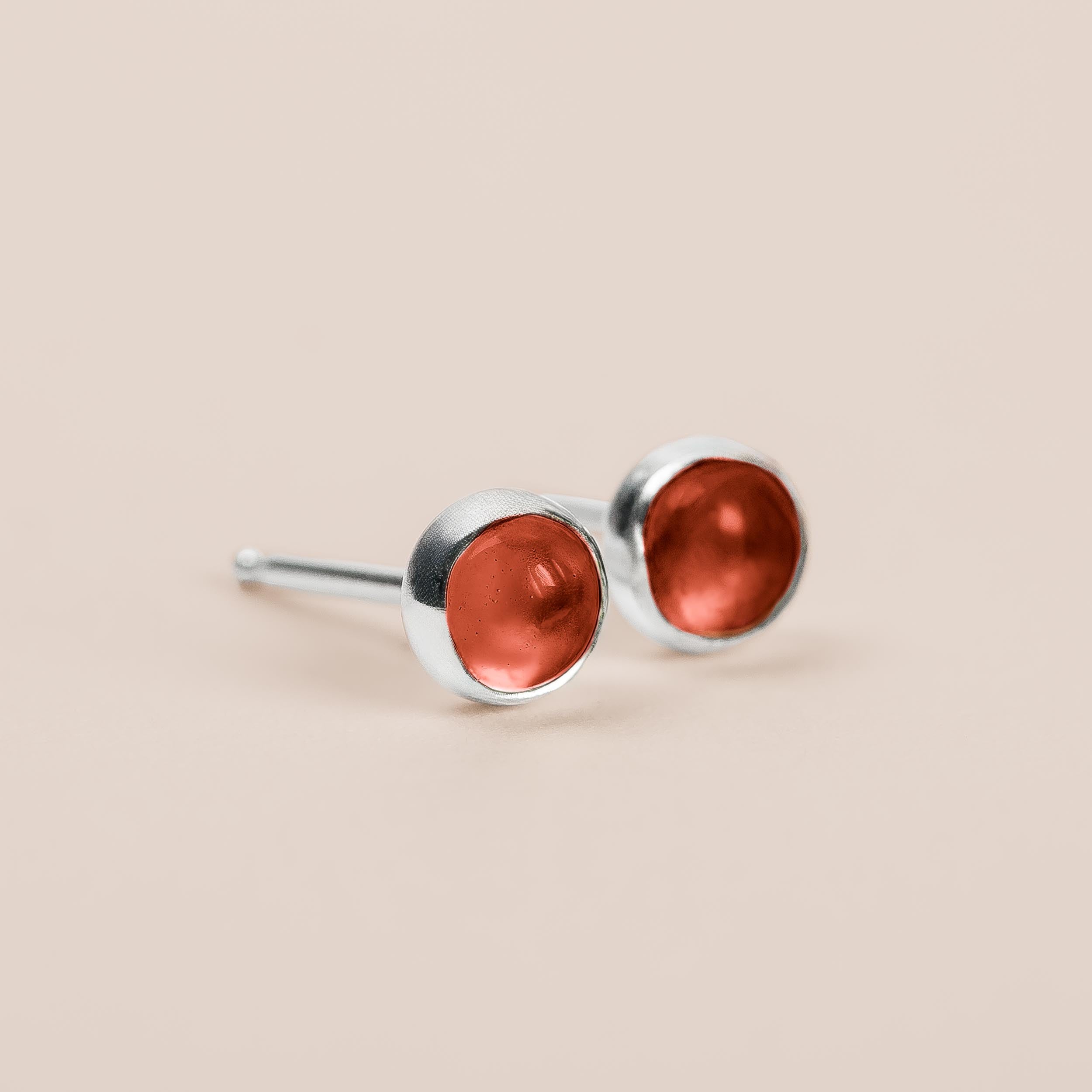 Red Garnet Gemstone Stud Earrings | Small Sterling Silver Round Circle Bright Red Stone Post Earrings | January Birthstone