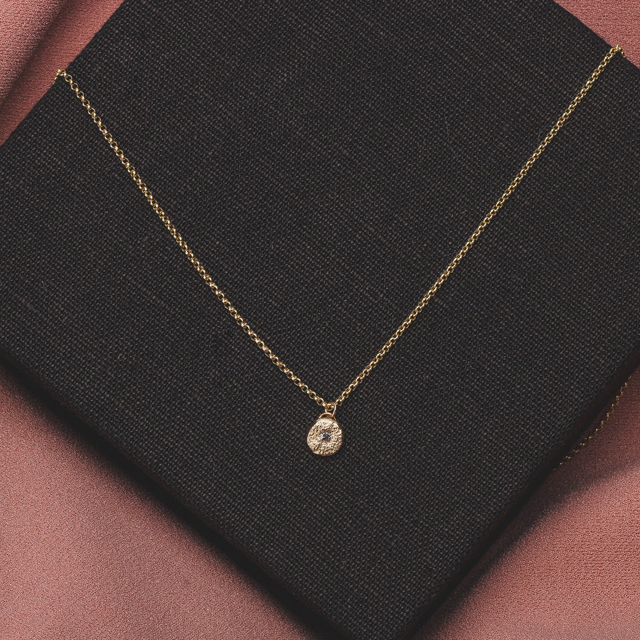 Solid 14K Gold Silvermist Diamond Necklace | Tiny small little round circle 14K yellow gold textured diamond necklace | Gift for her