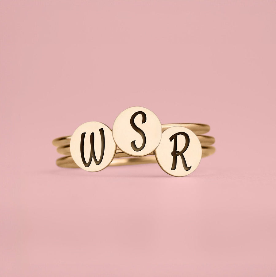 Initial or Symbol Stacking Signet Ring Band | Personalized Stackable Circle Disc Letter Ring in Silver, Gold, or Rose | Family Monogram Gift