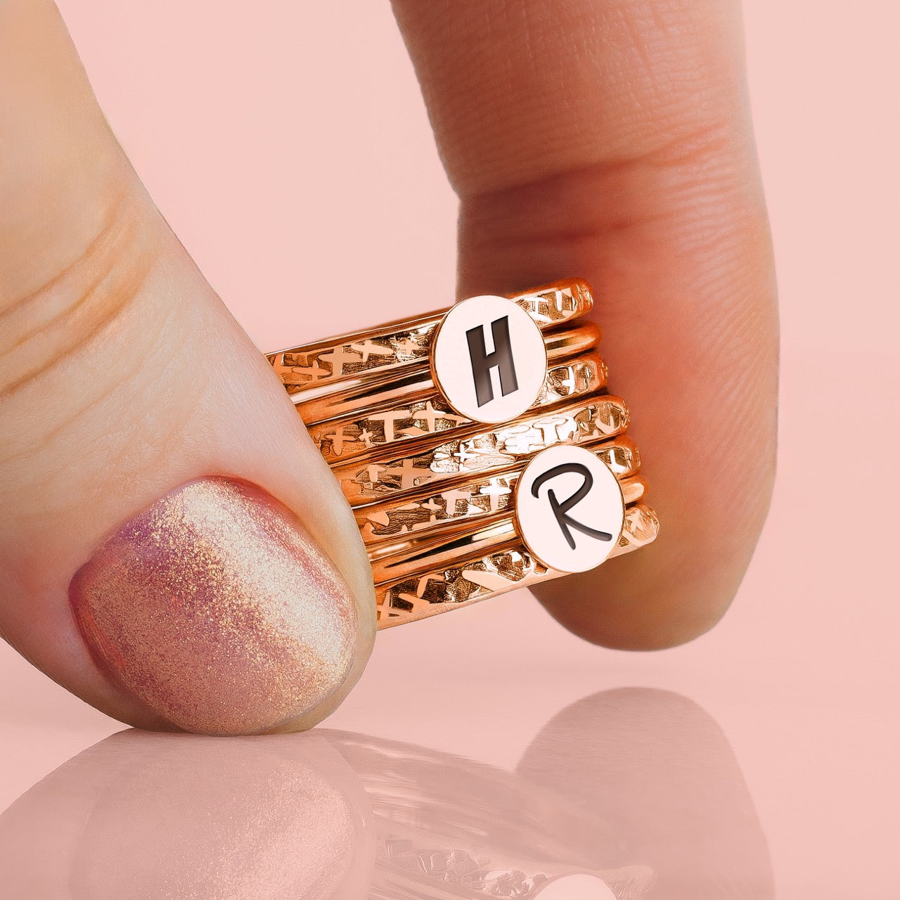 Initial Stacking Rings Set Of 7 In Gold, Silver, Or Rose Gold | Personalized Custom Letter Monogram Stackable Stack Stacking Family Ring
