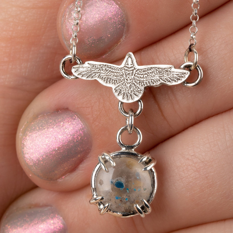 Raven Necklace With Super Rare Medusa Quartz Gemstone In Sterling Silver | Small Aqua Teal Blue Flying Fly Bird Thunderbird Pendant Charm