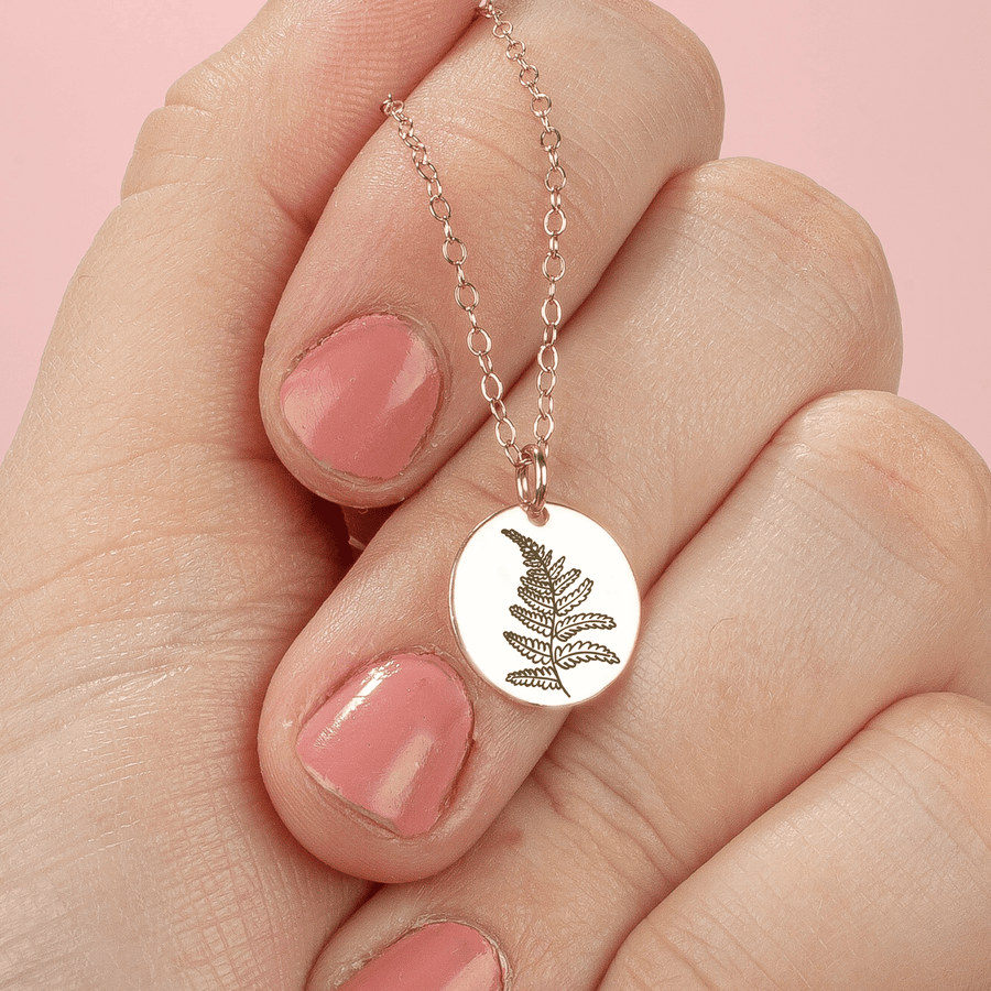 Fern Disc Necklace - Melanie Golden Jewelry - bridesmaid, disc necklaces, Engraved Jewelry, flora, minimal minimal necklace, minimal necklace, necklace, necklaces, personalized1, symbolic, wedding, wedding party