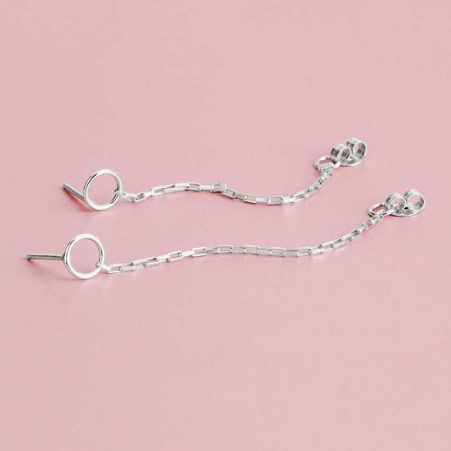 Chain Loop Earrings | Sterling Silver Circle Chain Cuff Post Stud Earrings | Minimalist Edgy Suspension Huggie Hoop Earrings