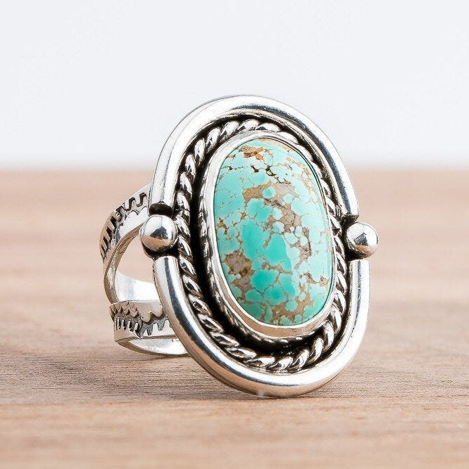 Size 7.5 Carico Lake Turquoise Gemstone Ring In Sterling Silver | Aqua Seafoam Blue Boho Bohemian Southwestern Indian Navajo Statement Ring