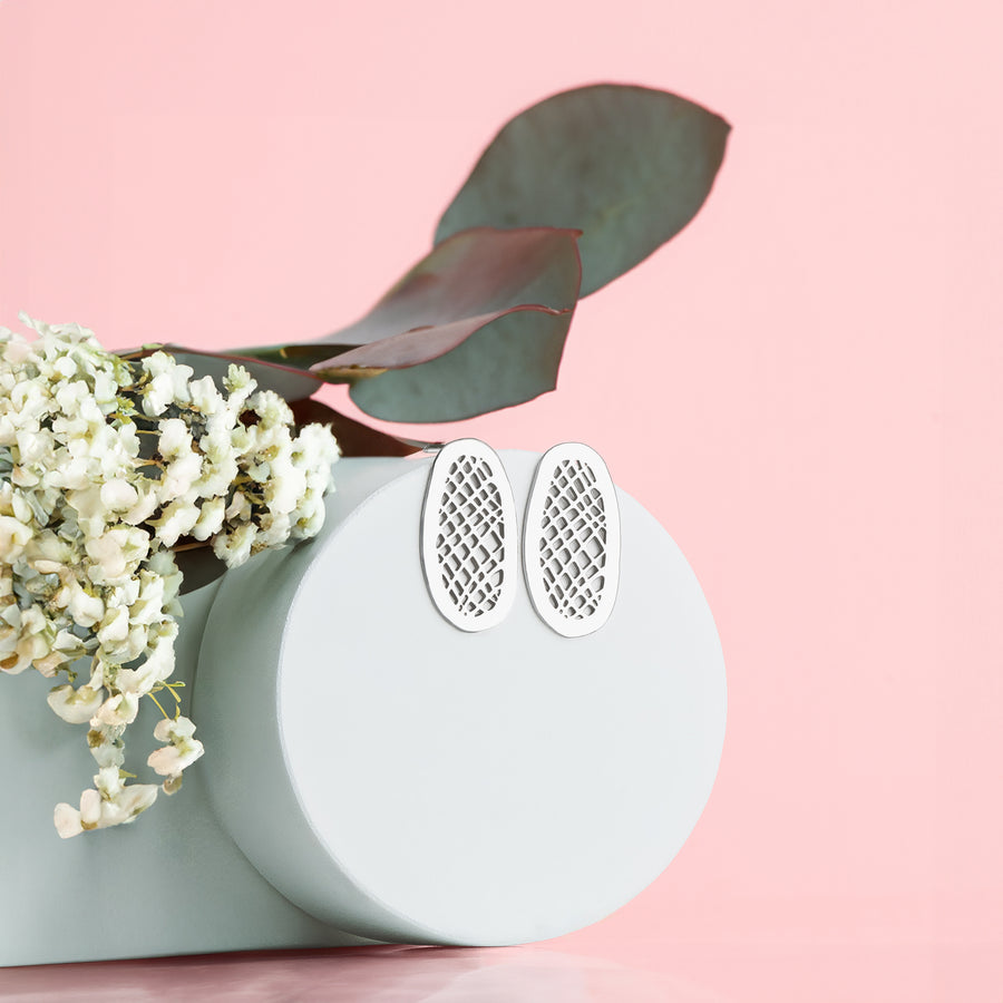 Lattice Stud Earrings | Sterling Silver Large Big Organic Shaped Oval Crosshatched Checkered Grid Post Earrings | Perfect Gift for Her