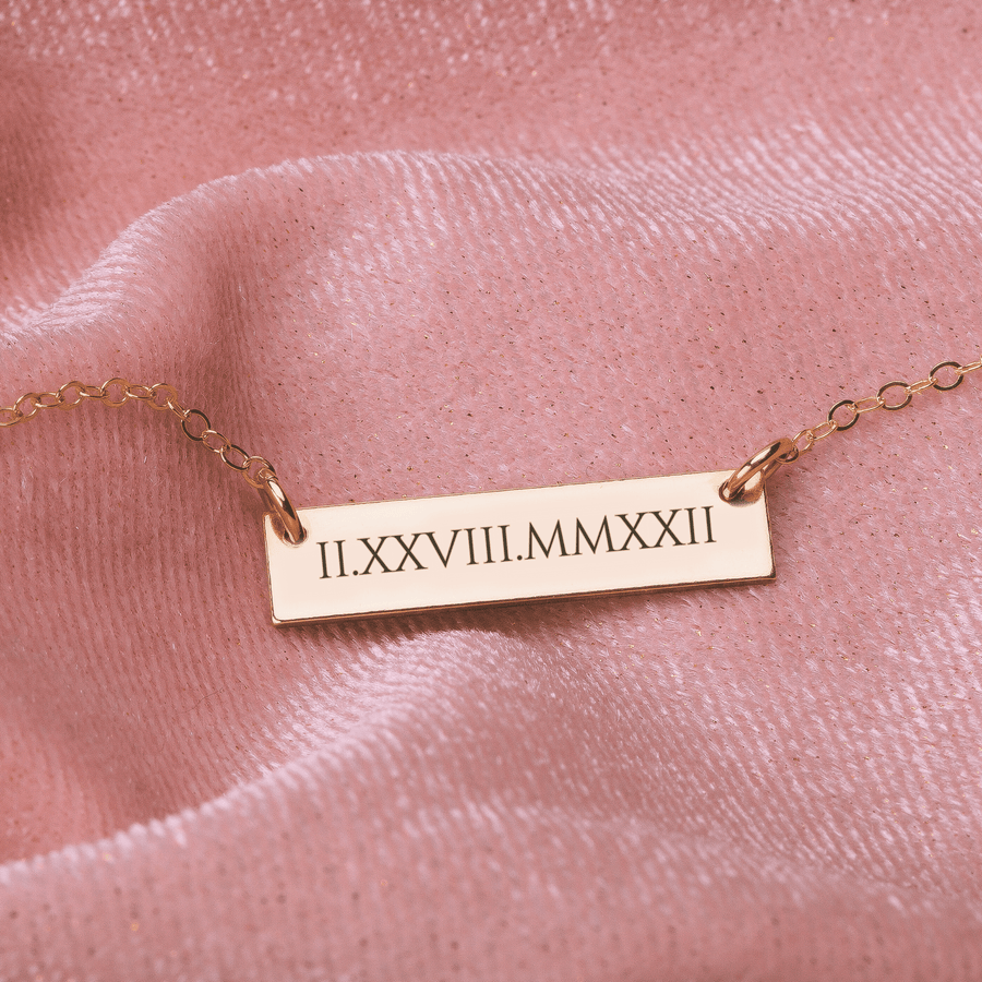 Personalized Roman Numerals Bar Necklace | Custom Engraved Skinny Number Date Bar Necklace in Silver, Gold, or Rose Gold | Gift for Her