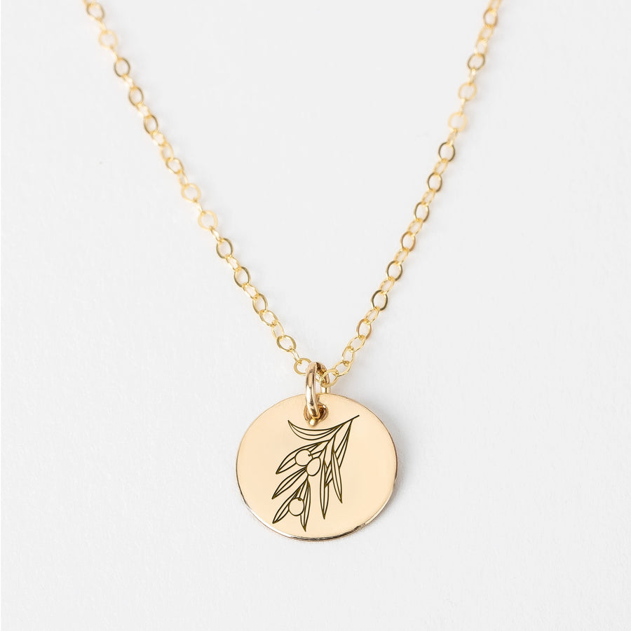 Olive Branch Disc Necklace | Engraved Circle Necklace in Silver, Gold or Rose Gold | Floral Olive Tree Twig Branch Peace Friendship Pendant