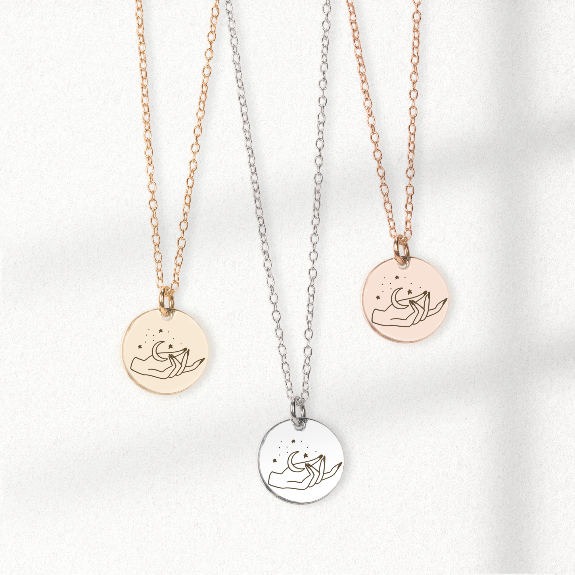 She Holds The Moon Engraved Disc Necklace in Silver, Gold, or Rose Gold | Small Round Circle Boho Bohemian Hippy Gypsy Jewelry for Women