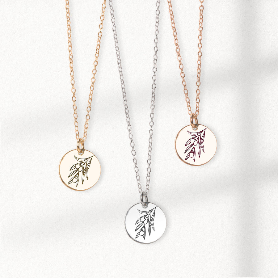 Olive Branch Disc Necklace | Engraved Circle Necklace in Silver, Gold or Rose Gold | Floral Olive Tree Twig Branch Peace Friendship Pendant