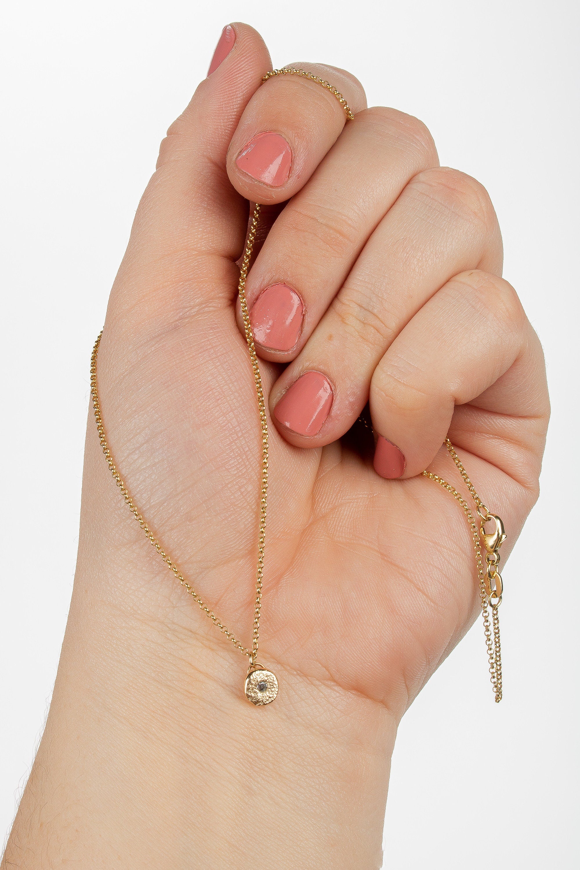 Solid 14K Gold Silvermist Diamond Necklace | Tiny small little round circle 14K yellow gold textured diamond necklace | Gift for her