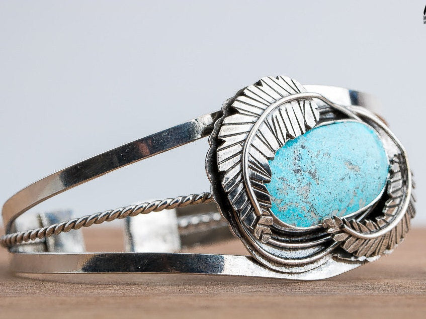 Blue Ridge Lightning Turquoise Cuff Bracelet With Feathers | Huge One Of A Kind Sterling Silver Aqua Blue Bohemian Boho Indian Navajo Cuff