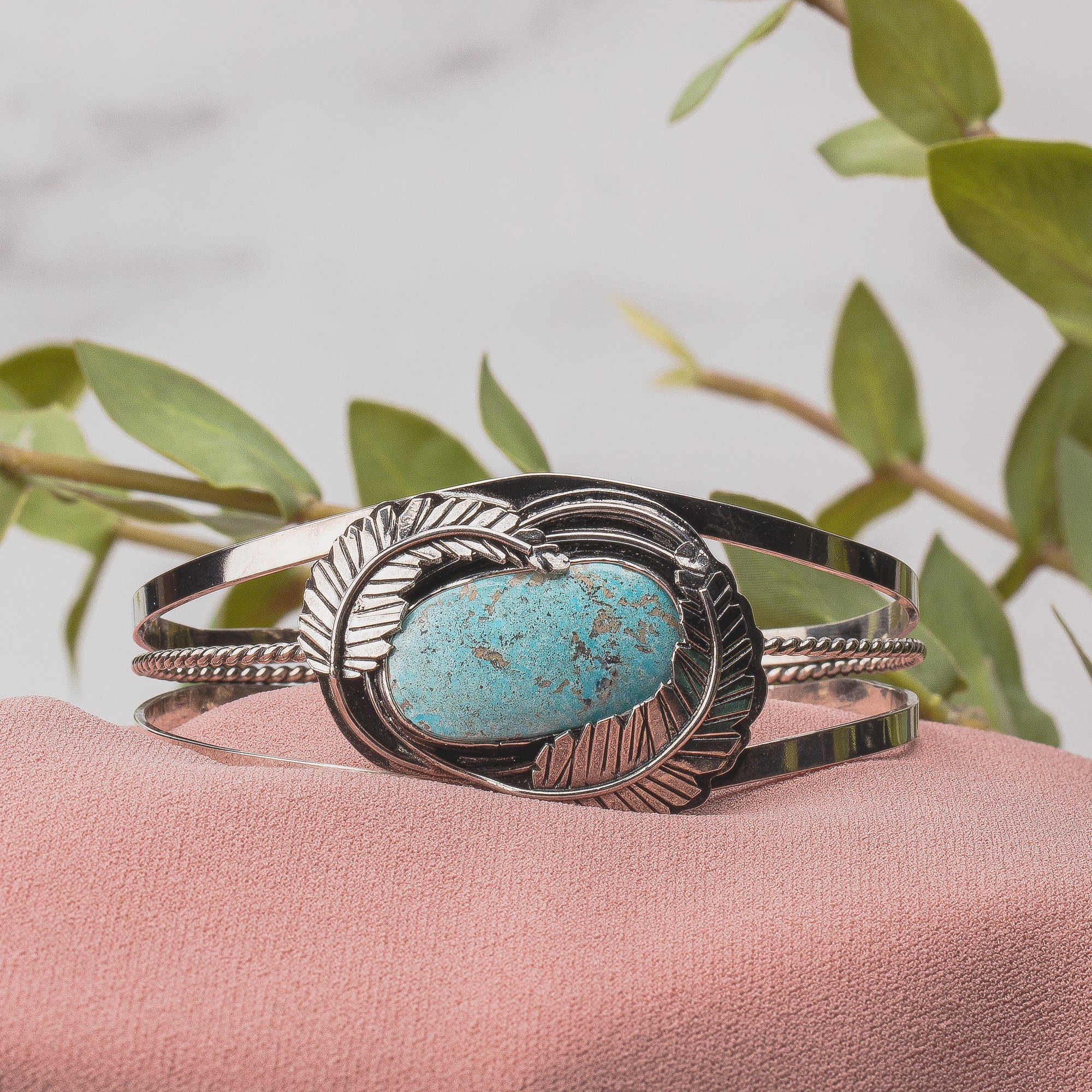 Blue Ridge Lightning Turquoise Cuff Bracelet With Feathers | Huge One Of A Kind Sterling Silver Aqua Blue Bohemian Boho Indian Navajo Cuff