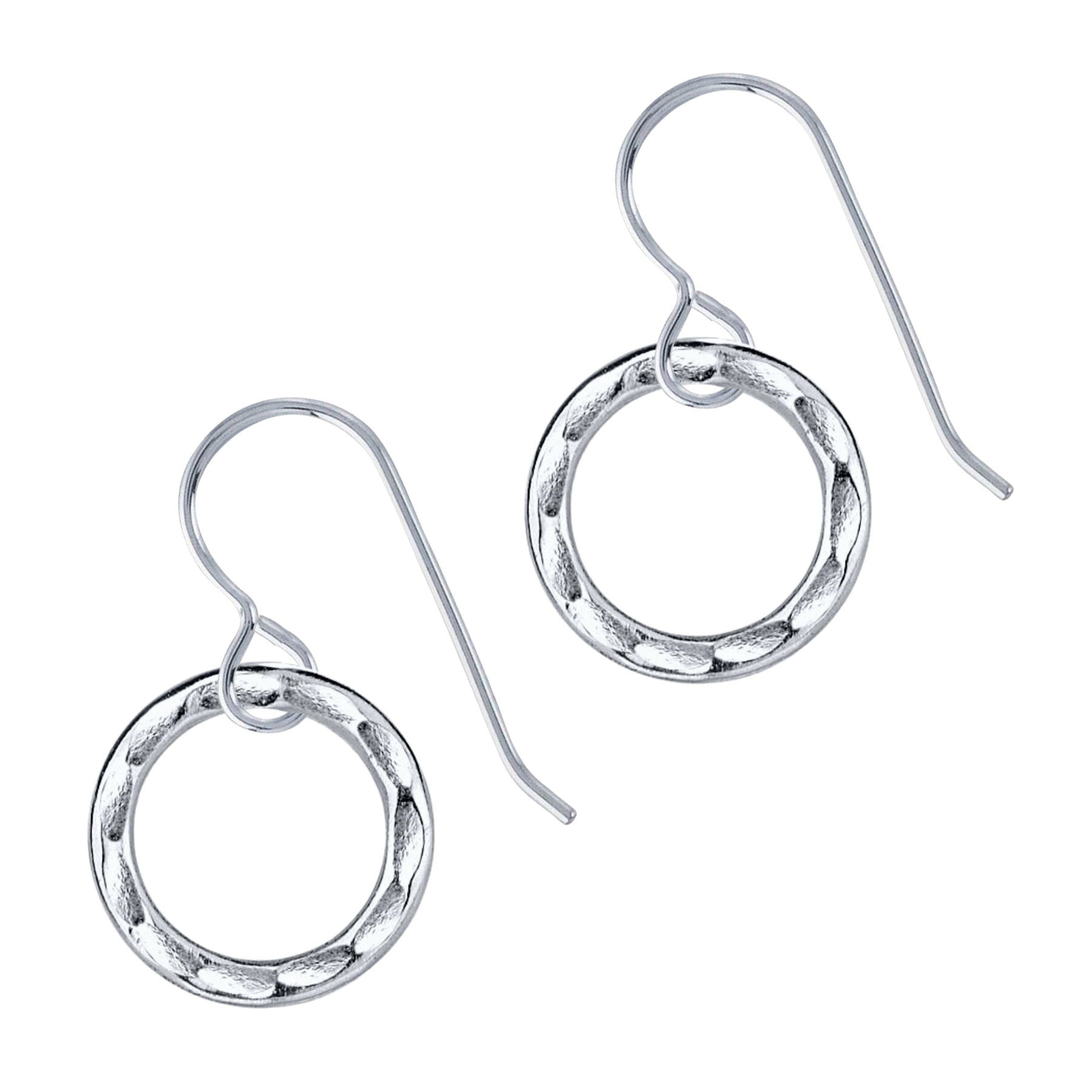 Small Sterling Silver Hammered Open Circle Dangle Drop Earrings | Minimalist Jewelry for Women & Girls | Tiny Geometric Round Halo Earrings
