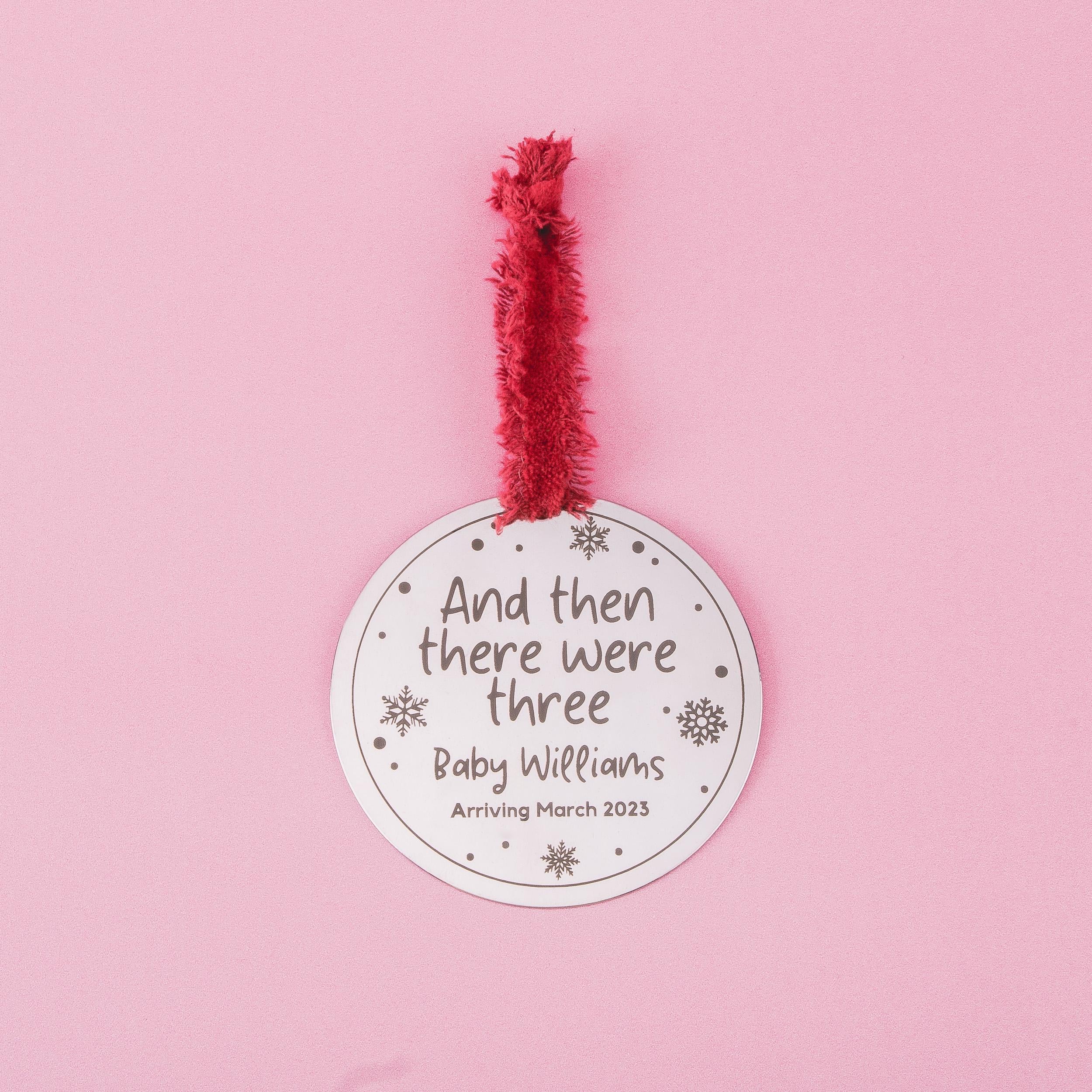 New Baby Personalized Ornament | And Then There Were Three Christmas Decoration | Modern Brushed Silver Stainless Steel Holiday Bauble