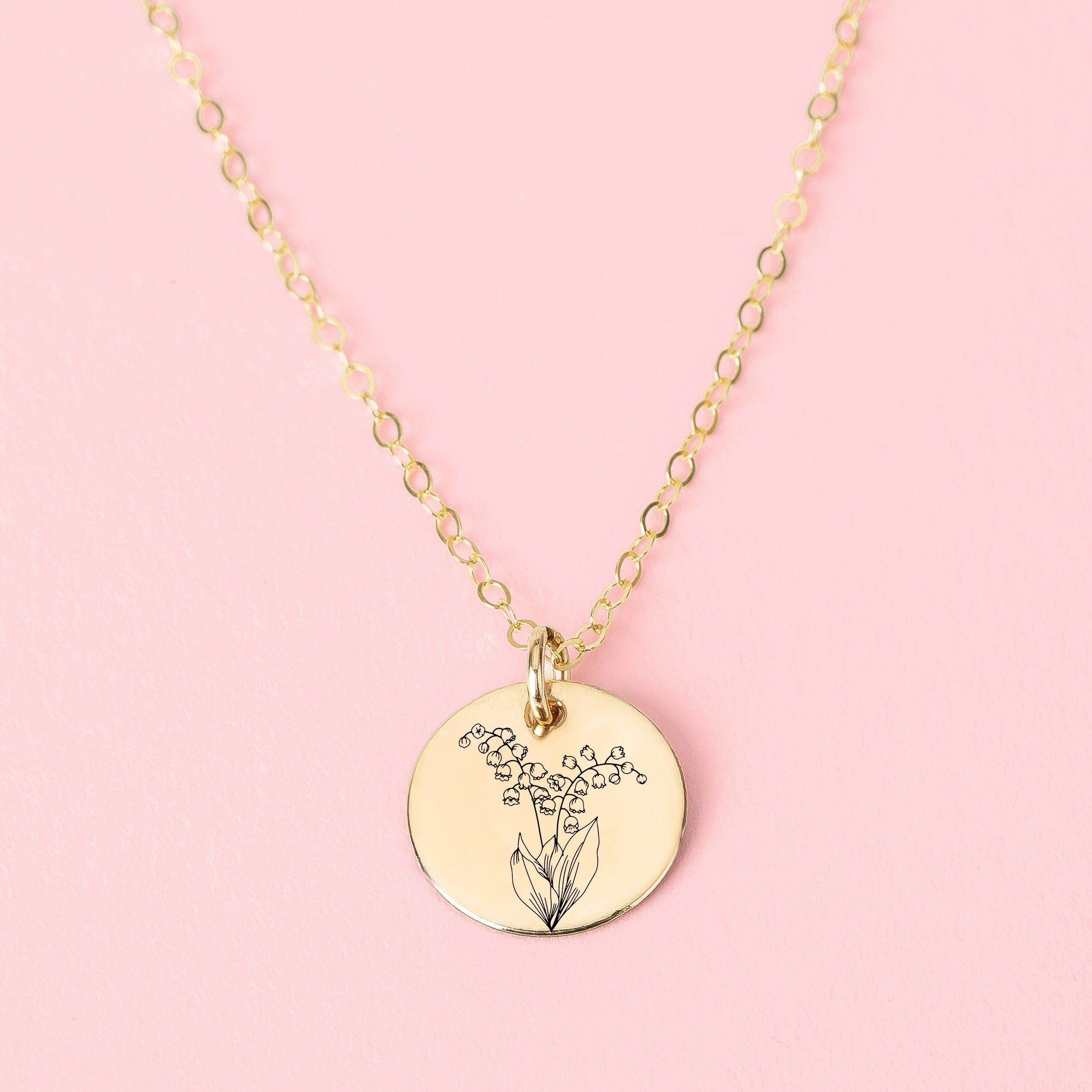 Birth Flower Disc Necklace | Personalized Engraved Circle, Silver Gold or Rose Gold | Floral Birthday Month Pendant Gift for Her Bridesmaid