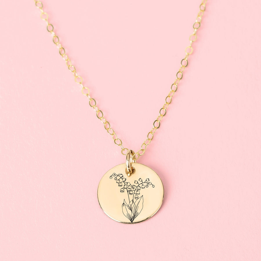 Birth Flower Disc Necklace | Personalized Engraved Circle, Silver Gold or Rose Gold | Floral Birthday Month Pendant Gift for Her Bridesmaid