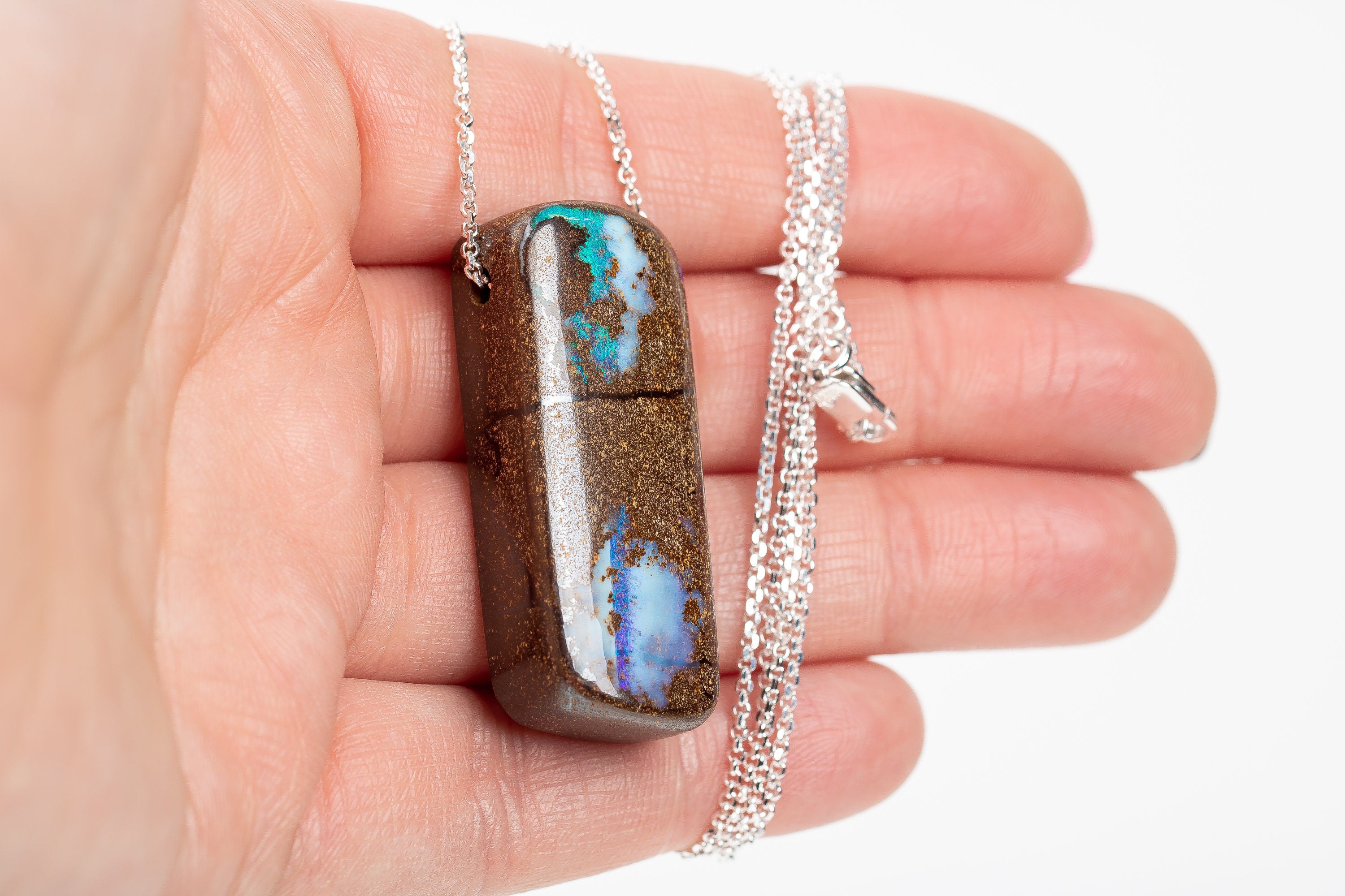 Huge Blue Boulder Opal Necklace In Sterling Silver On Long Rolo Chain | Natural Teal Multicolored Extra Long Gemstone Boho Pendant Necklace
