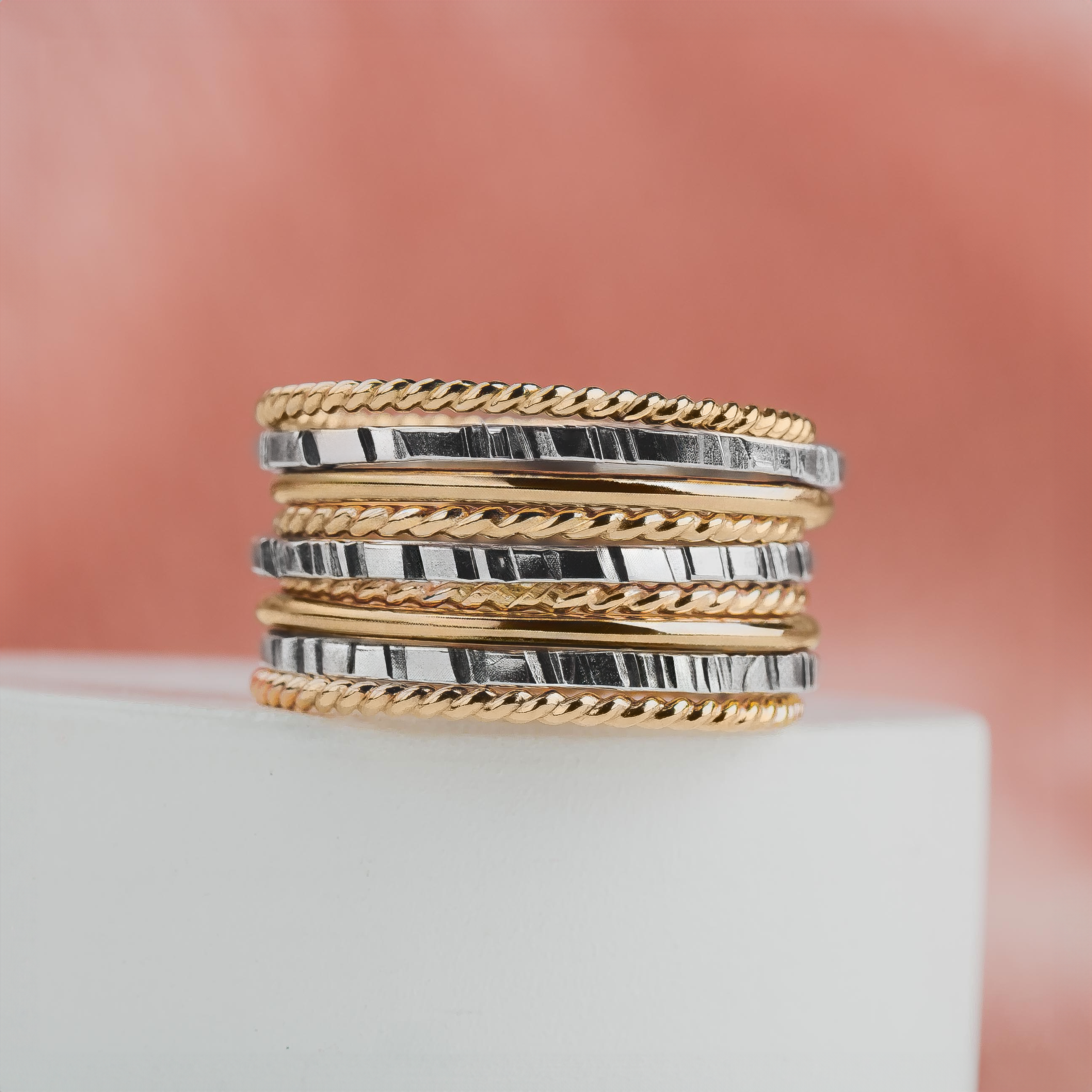 The Rowe Stack | Set of 9 Gold and Silver Mixed Metal Stacking Rings | USA Sizes 4-12