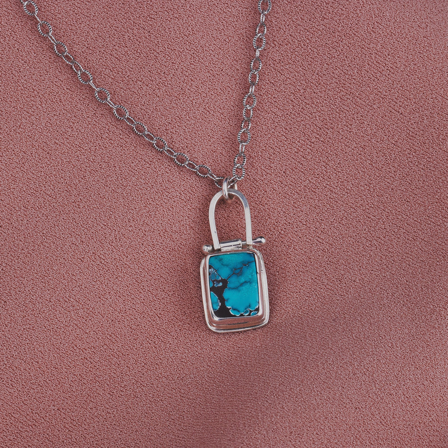 Rectangle Cloud Mountain Turquoise Hinge Necklace In Sterling Silver | Pinned Adjustable Aqua Blue And Black Spiderweb Boho Pendant
