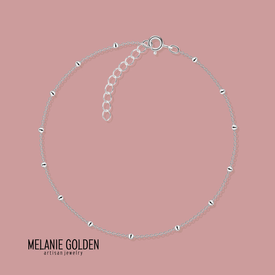 Satellite Anklet | Dainty Adjustable Beaded Dotted Chain Ankle Bracelet in Silver or Gold | Minimalist Everyday Barefoot Jewelry
