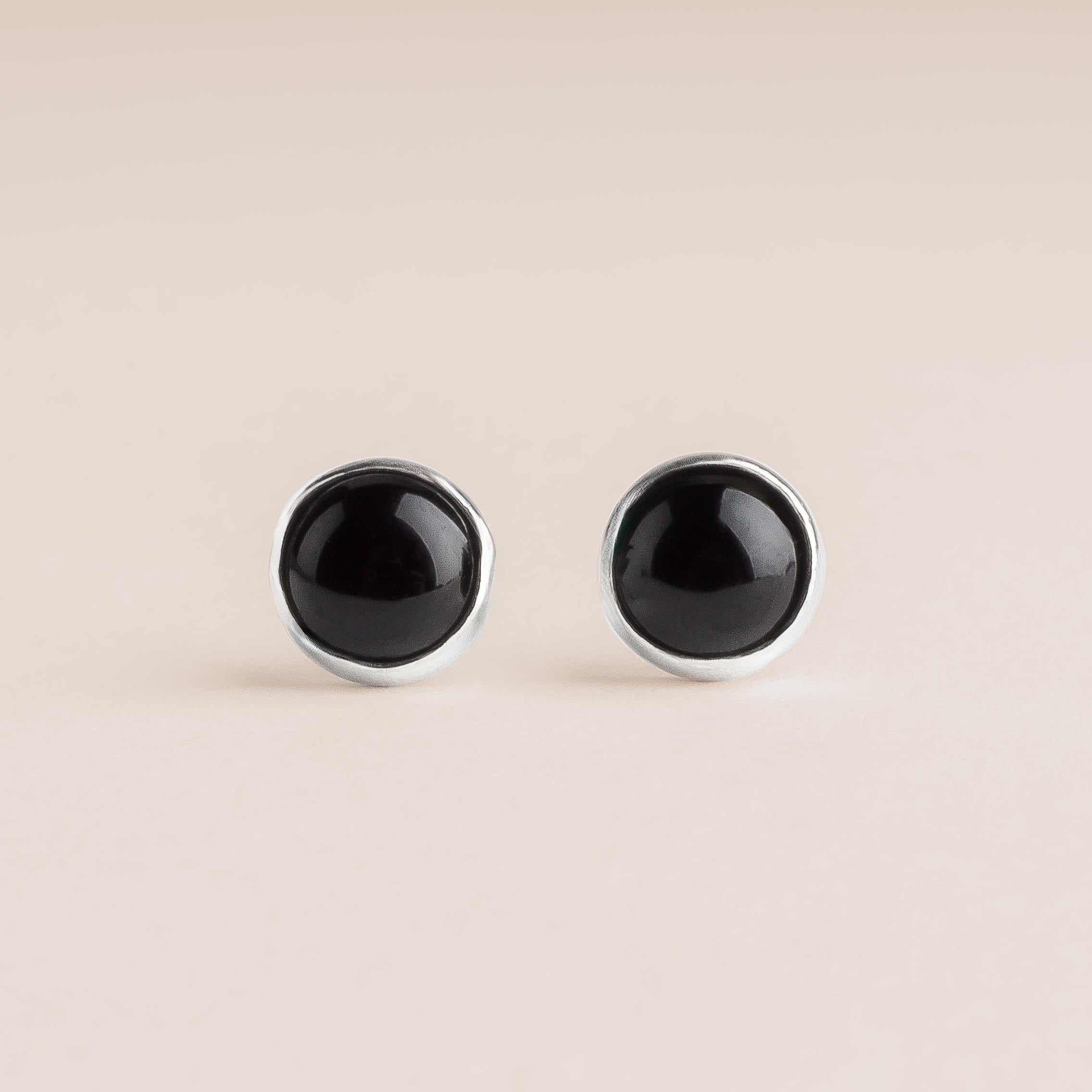 Black Onyx Gemstone Stud Earrings | Sterling Silver Round Circle Dark Stone Post Earrings for Women & Men | Unisex Earrings | Multiple Sizes | December Birthstone Alternative