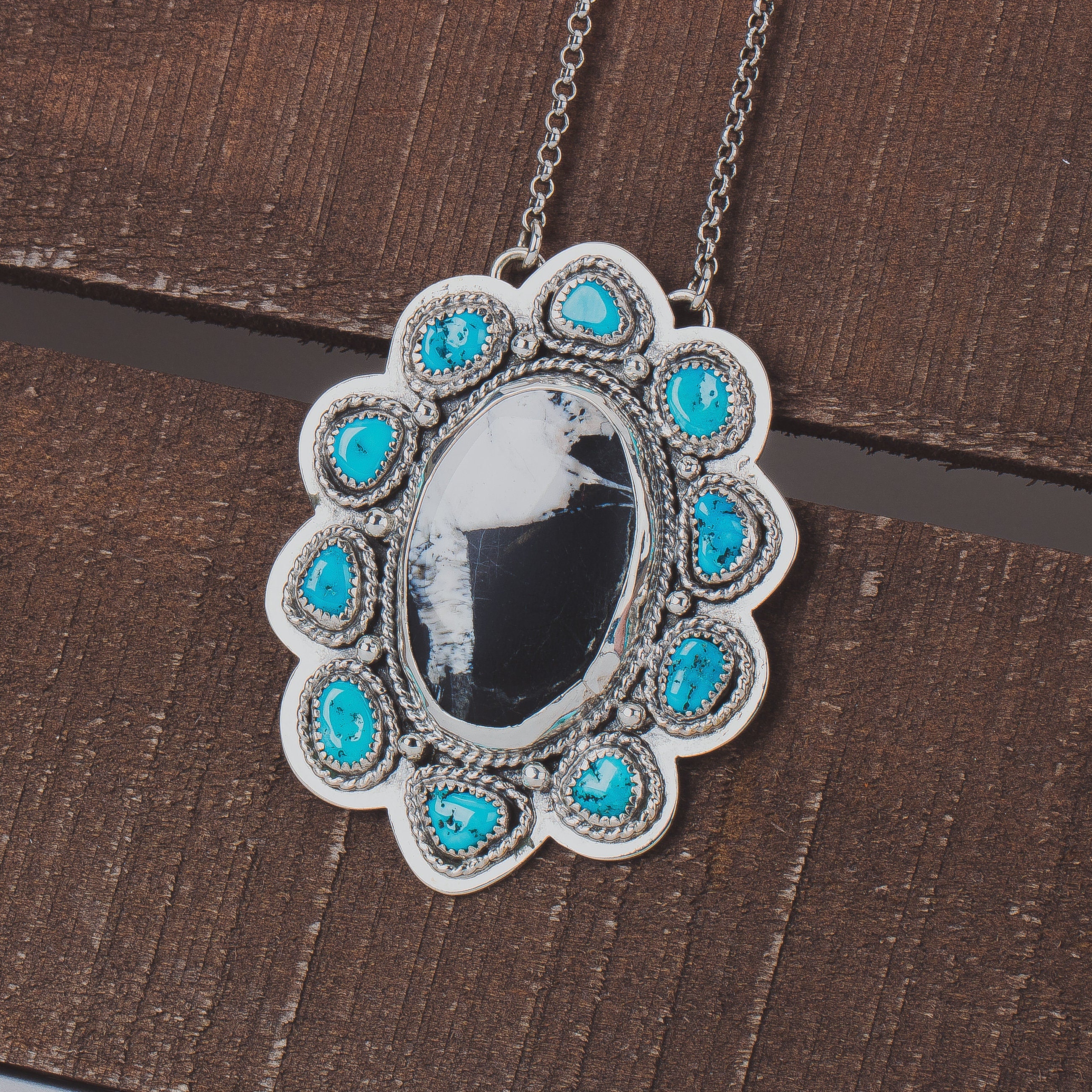 White Buffalo & Sleeping Beauty Turquoise Cluster Necklace In Sterling Silver | Huge Big Black White Aqua Blue Floral Boho Bohemian Pendant
