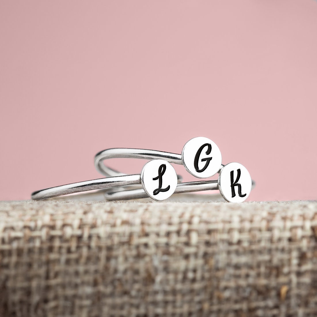 Initial or Symbol Stacking Signet Ring Band | Personalized Stackable Circle Disc Letter Ring in Silver, Gold, or Rose | Family Monogram Gift