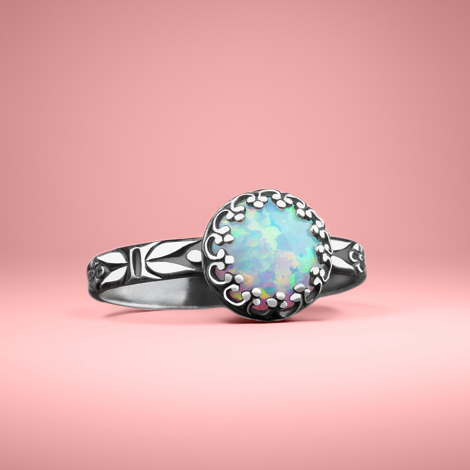 Opal Ring | Floral Flashy Colorful Multicolored Opal Solitaire Ring in Sterling Silver | October Birthstone Ring for Women and Girls | USA Sizes 4-12