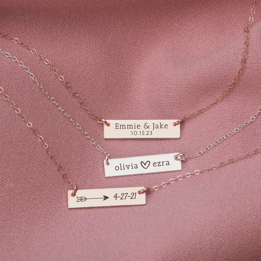 Personalized Couples Bar Necklace | Custom Engraved Skinny Nameplate Bar Necklace in Silver, Gold, or Rose Gold | Customized Gift for Her