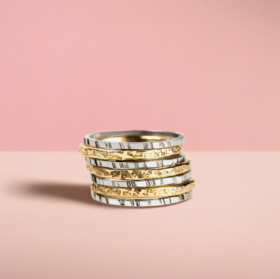 The Lyra Stack | Mixed Metal Stacking Rings Set Of 7 | Gold and Silver Hammered Stacking Stackable Rings | USA Sizes 4-12