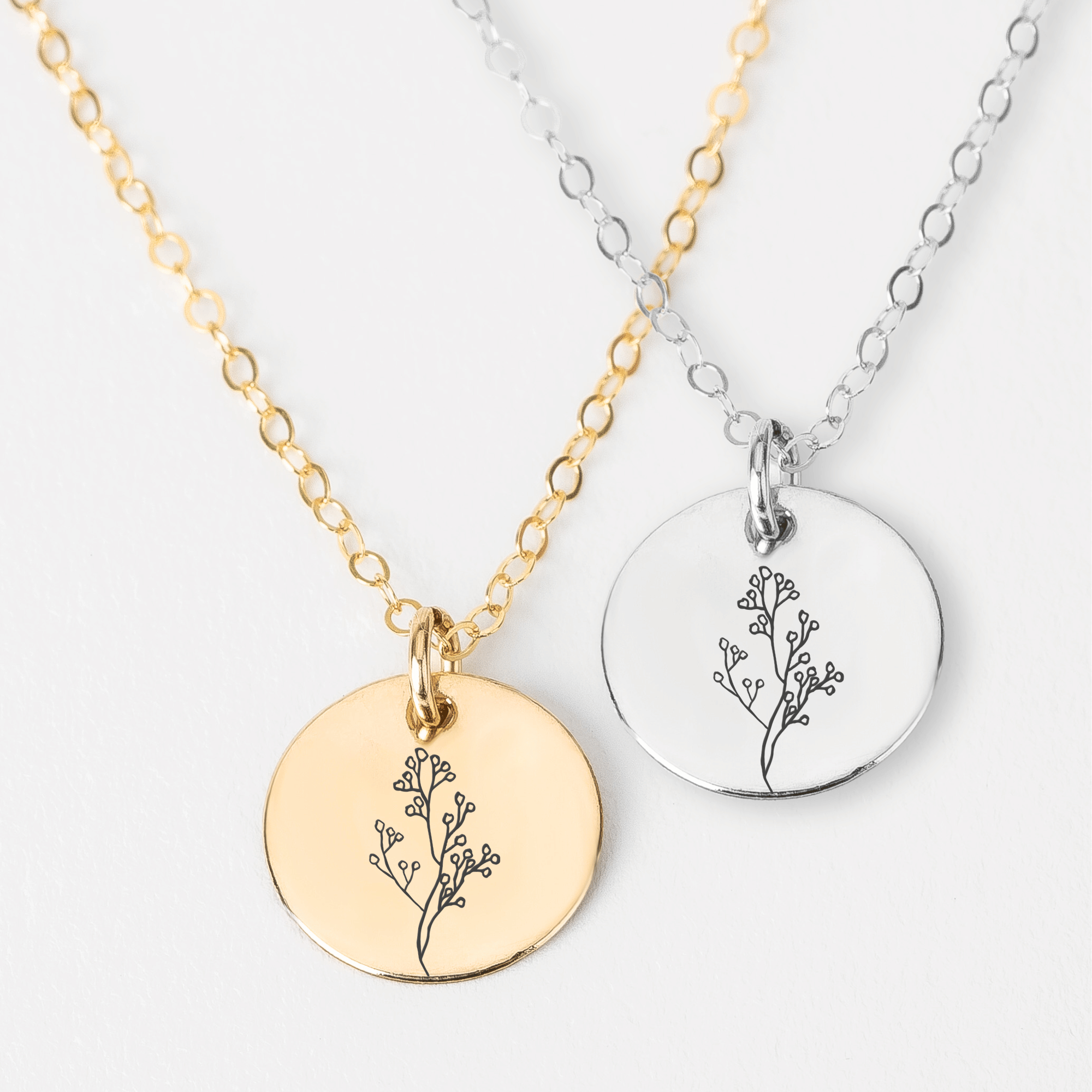 Baby's Breath Flowers Disc Necklace | Engraved Round Bohemian Necklace in Silver, Gold, or Rose Gold | Gift for Mom, Mothers, Friend, Plant Lover | Boho Jewelry