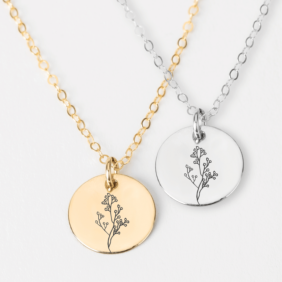 Baby's Breath Flowers Disc Necklace | Engraved Round Bohemian Necklace in Silver, Gold, or Rose Gold | Gift for Mom, Mothers, Friend, Plant Lover | Boho Jewelry