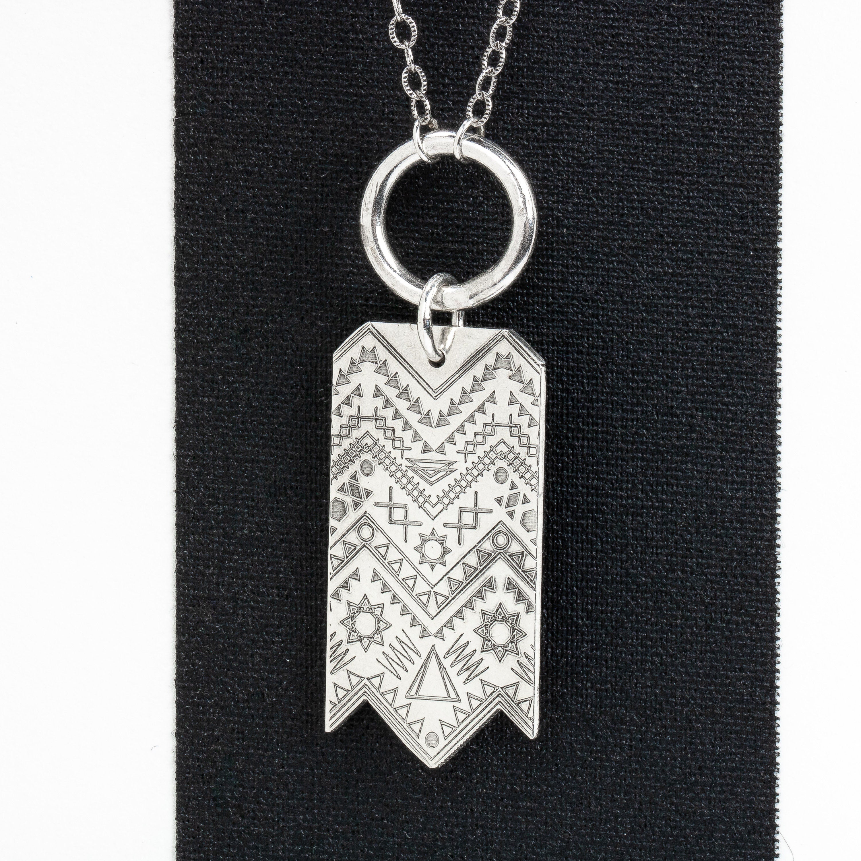 Signature MGJ Aztec Pattern Streamer Necklace In Sterling Silver | Long Southwestern Bohemian Boho Tribal Pendant | Sweater Necklace