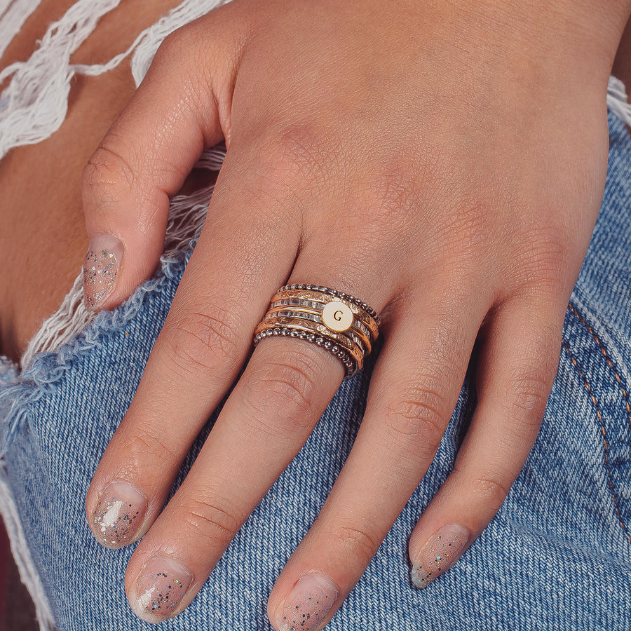 Personalized Initial Mixed Metal Stacking Rings - Melanie Golden Jewelry - engraved, Engraved Jewelry, initial choice 1, love, mixed metal, Motherhood, personalized, personalized jewelry, personalized rings, ring-size-choice, rings, stacking rings, VALENTINES