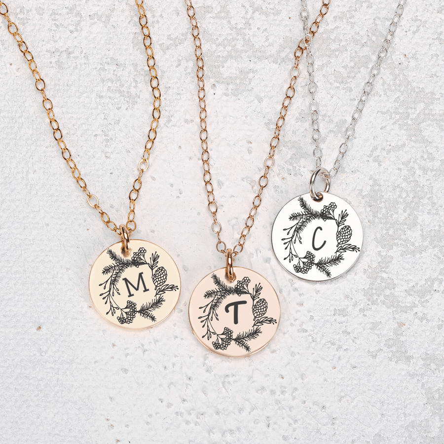 Pine Wreath Initial Necklace | Personalized Engraved Round Disc Monogram Necklace in Silver, Gold, or Rose Gold | Custom Gift for Her