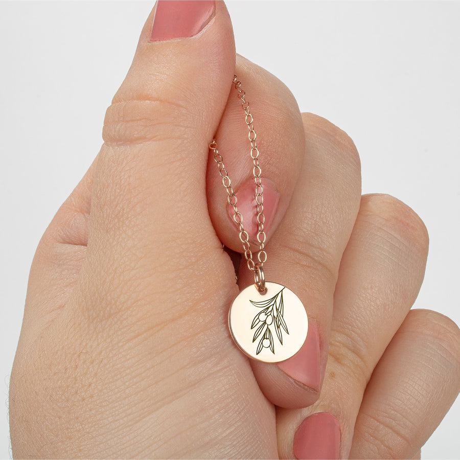 Olive Branch Disc Necklace | Engraved Circle Necklace in Silver, Gold or Rose Gold | Floral Olive Tree Twig Branch Peace Friendship Pendant