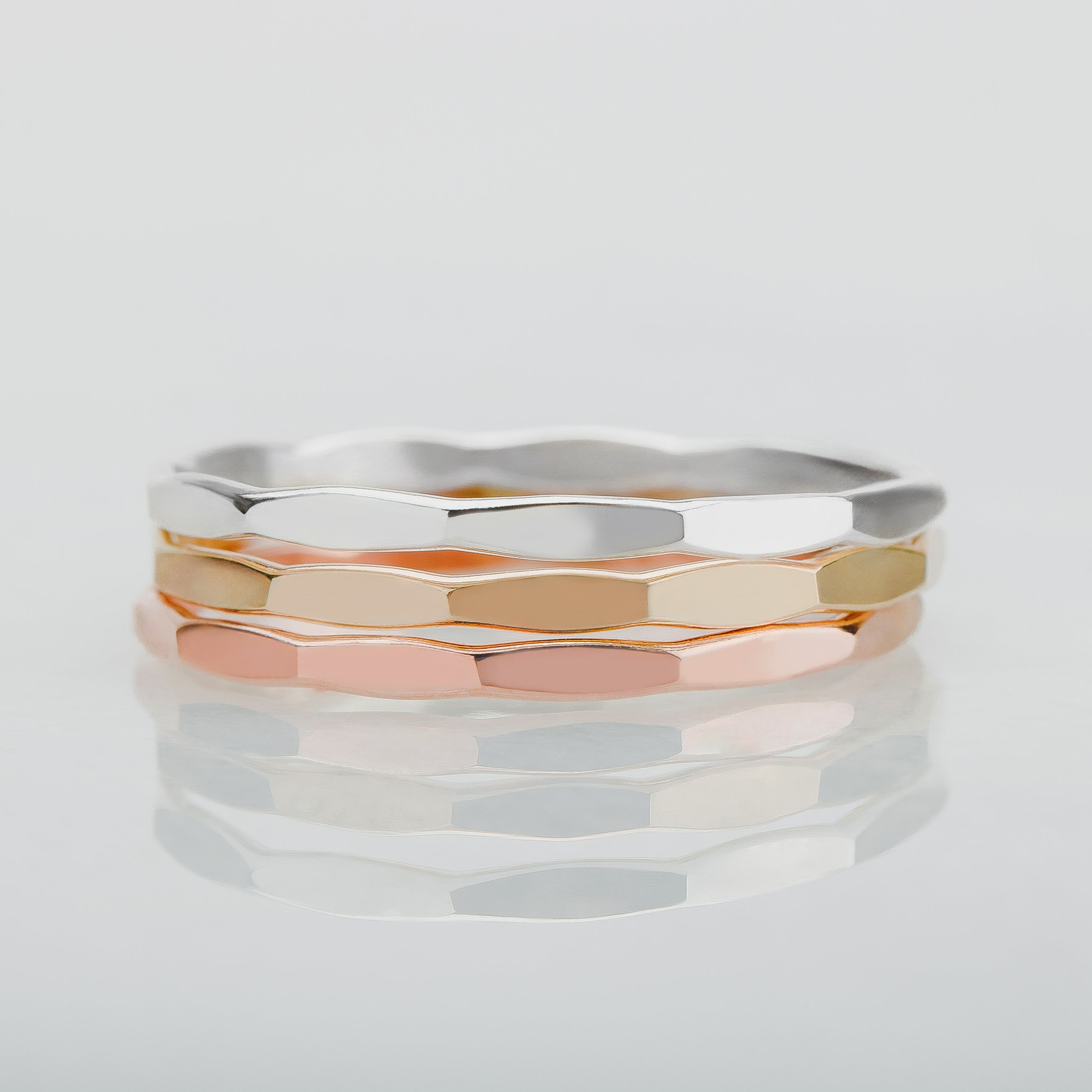 Trio of Mirror Stacking Rings | Set of 3 Mixed Metal 1mm Skinny Hammered Texture Rings | Comfort Fit USA Sizes 4-12