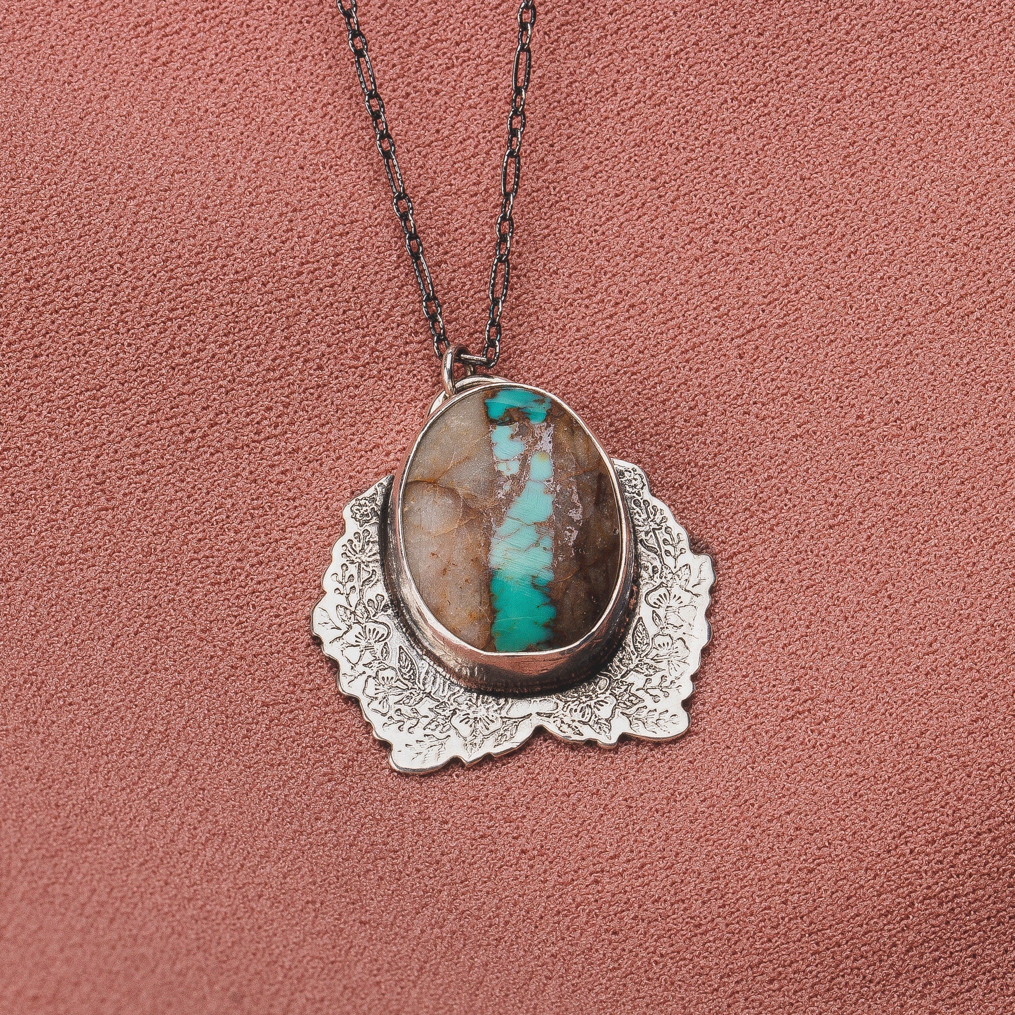Floral Blue Royston Ribbon Turquoise Necklace