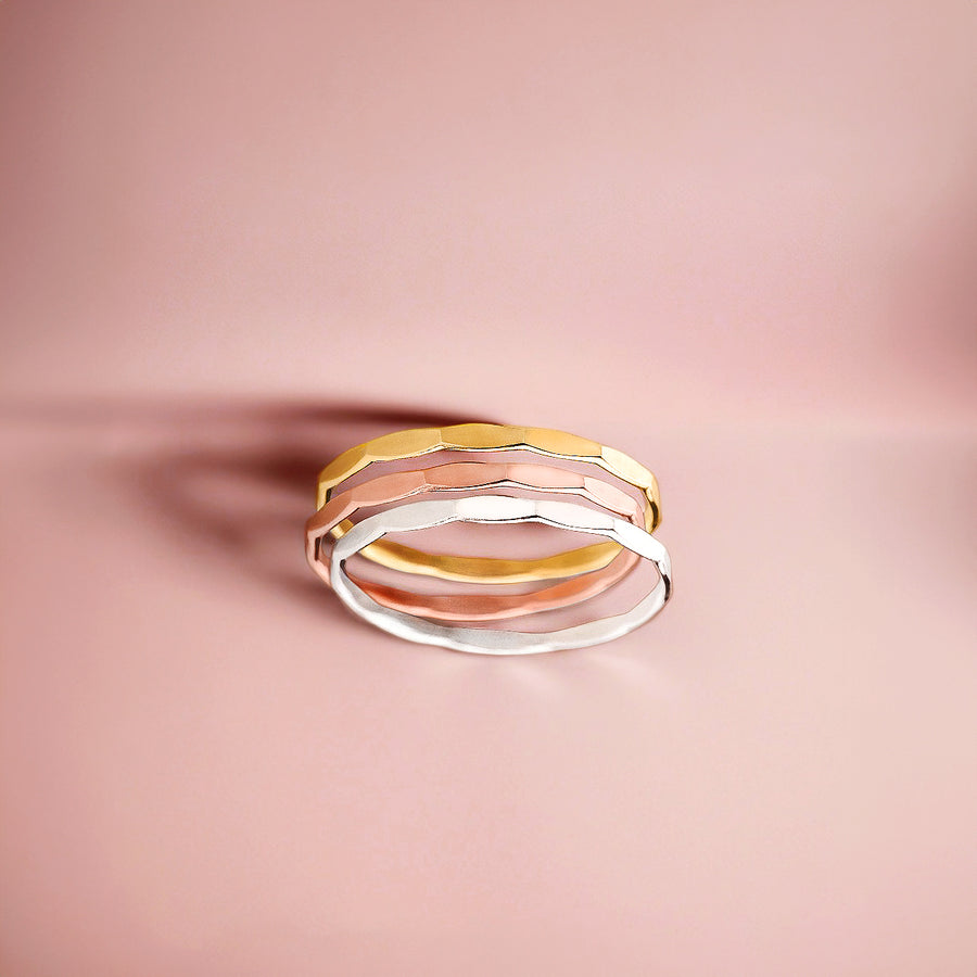 Trio of Mirror Stacking Rings | Set of 3 Mixed Metal 1mm Skinny Hammered Texture Rings | Comfort Fit USA Sizes 4-12