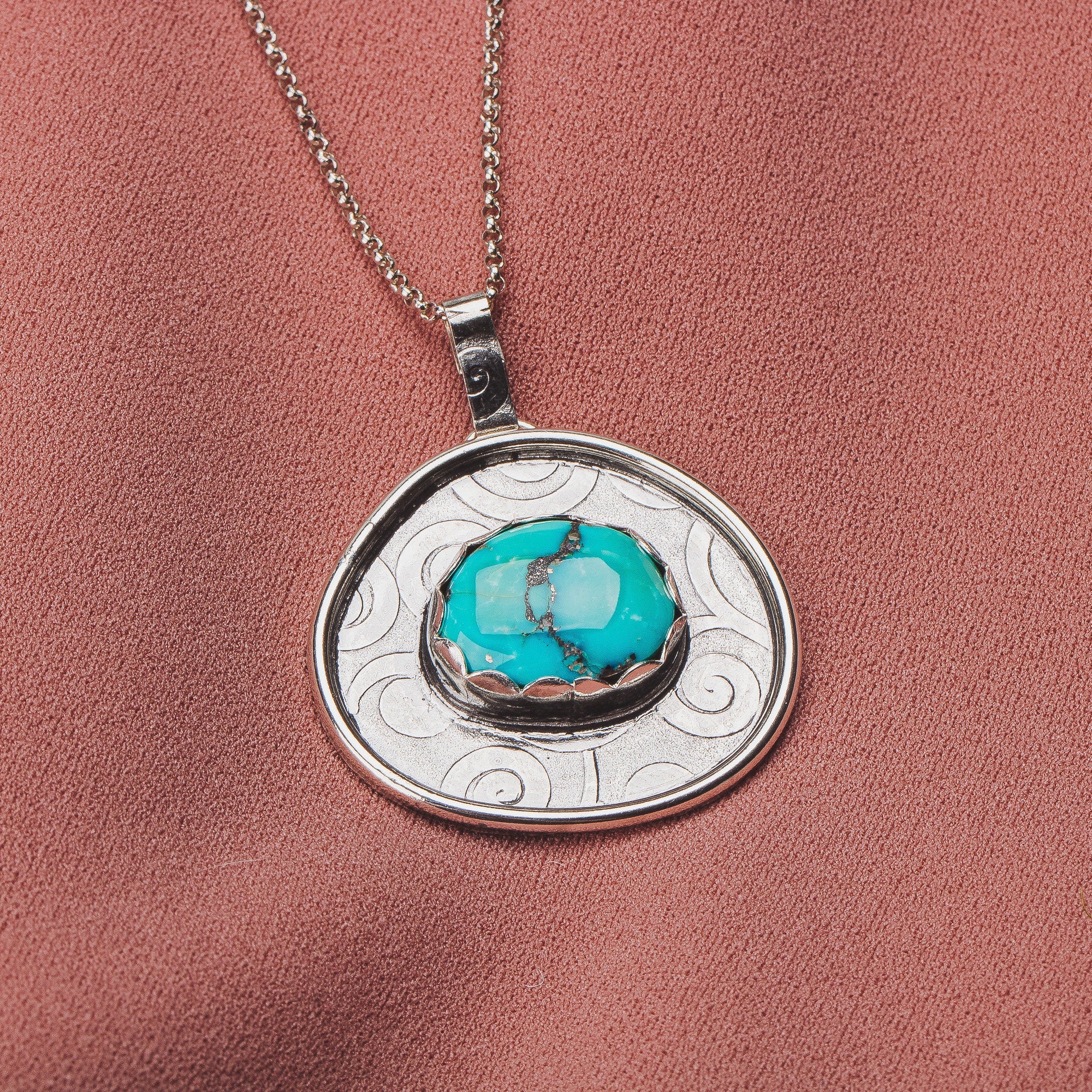 Morenci Turquoise Gemstone Necklace | Big Aqua Blue Bohemian Boho Style Pendant Necklace With Swirly Border In Sterling Silver